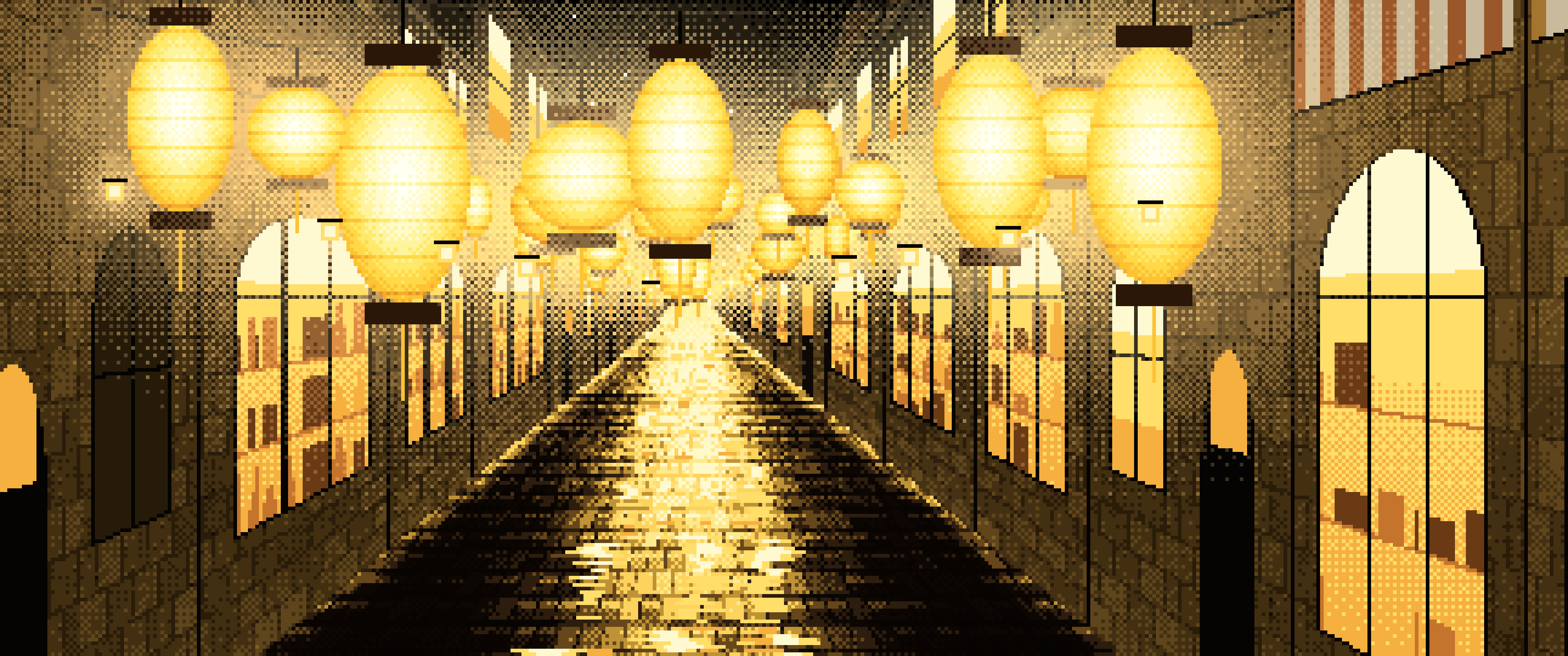 Yellow Pixel Art Lantern Street at Night ultrawide wallpaper, 3440 × 1440