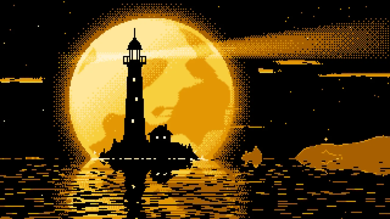 Yellow Pixel Art Lighthouse and Full Moon desktop wallpaper in 4K