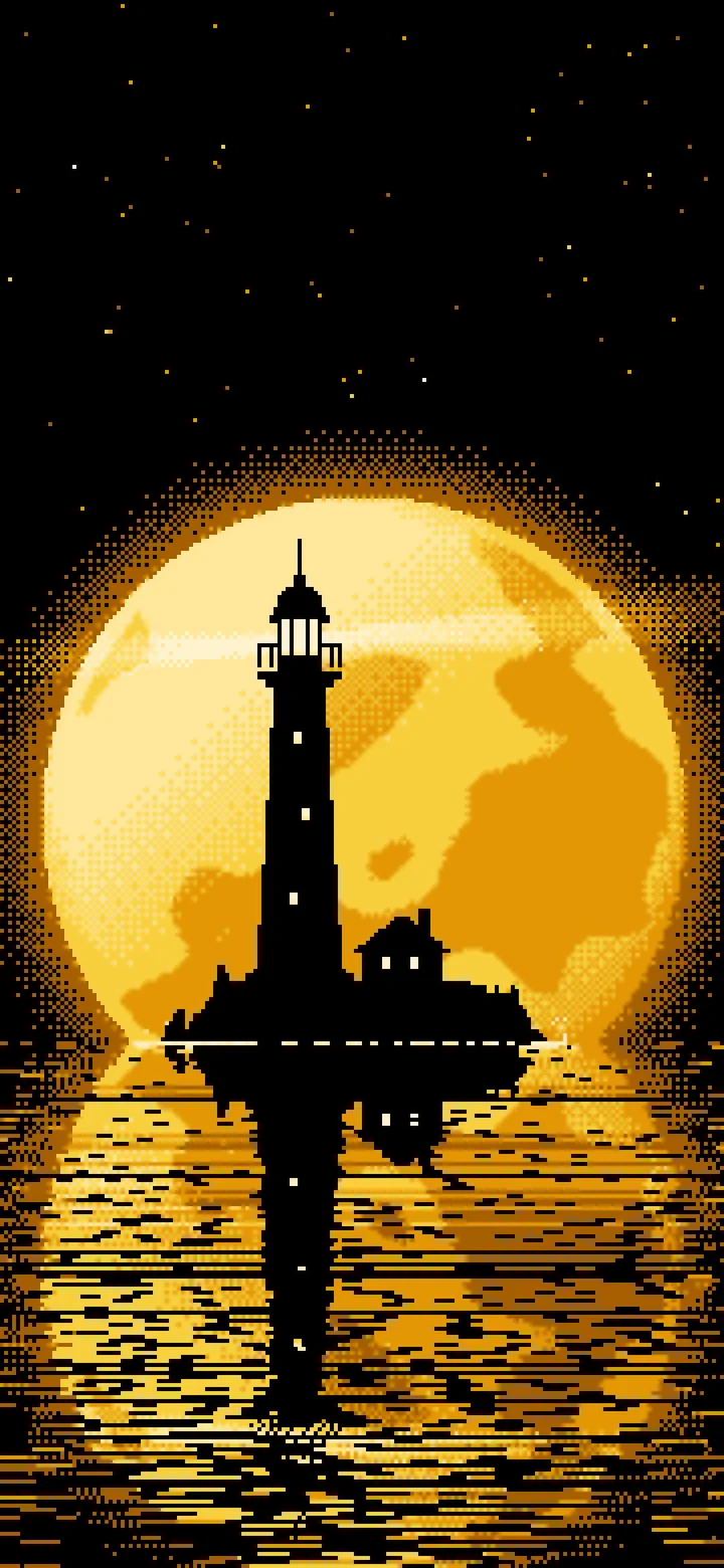 Yellow Pixel Art Lighthouse and Full Moon wallpaper for iPhone and Android