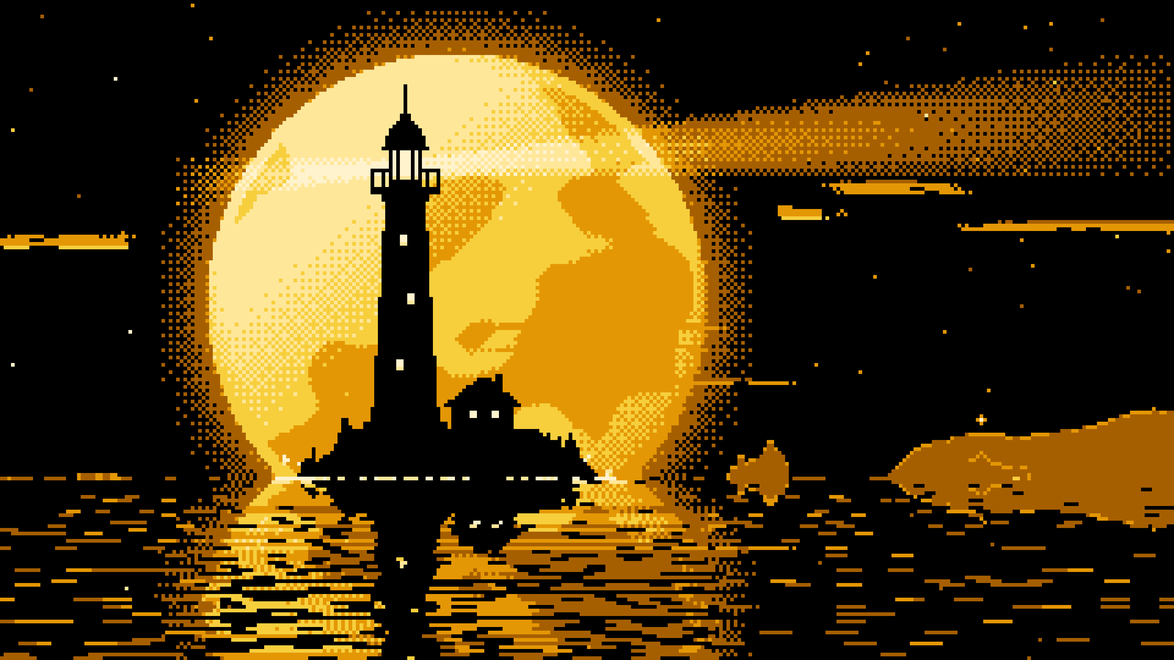 Yellow Pixel Art Lighthouse and Full Moon desktop wallpaper in 4K