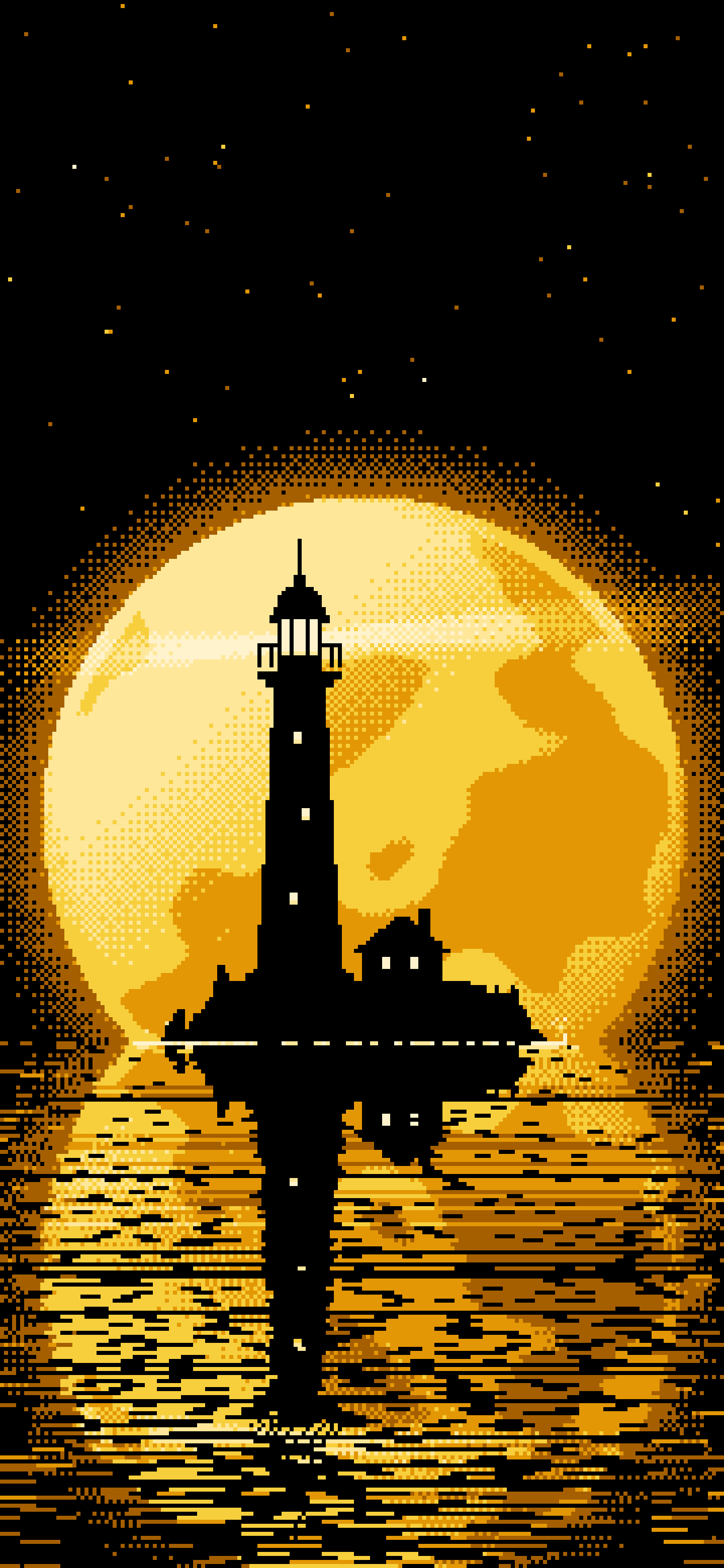 Yellow Pixel Art Lighthouse and Full Moon wallpaper for iPhone and Android