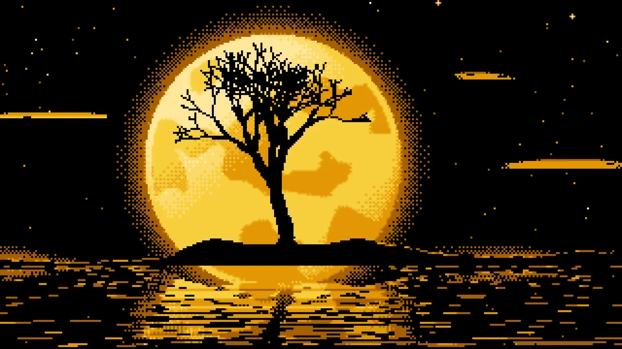 Yellow Pixel Art Lone Tree and Full Moon desktop wallpaper in 4K