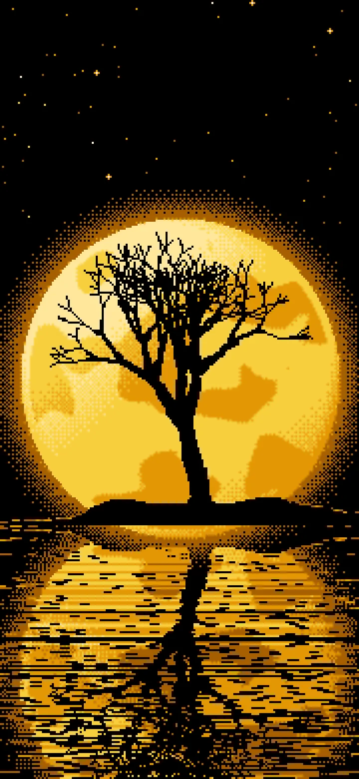 Yellow Pixel Art Lone Tree and Full Moon wallpaper for iPhone and Android
