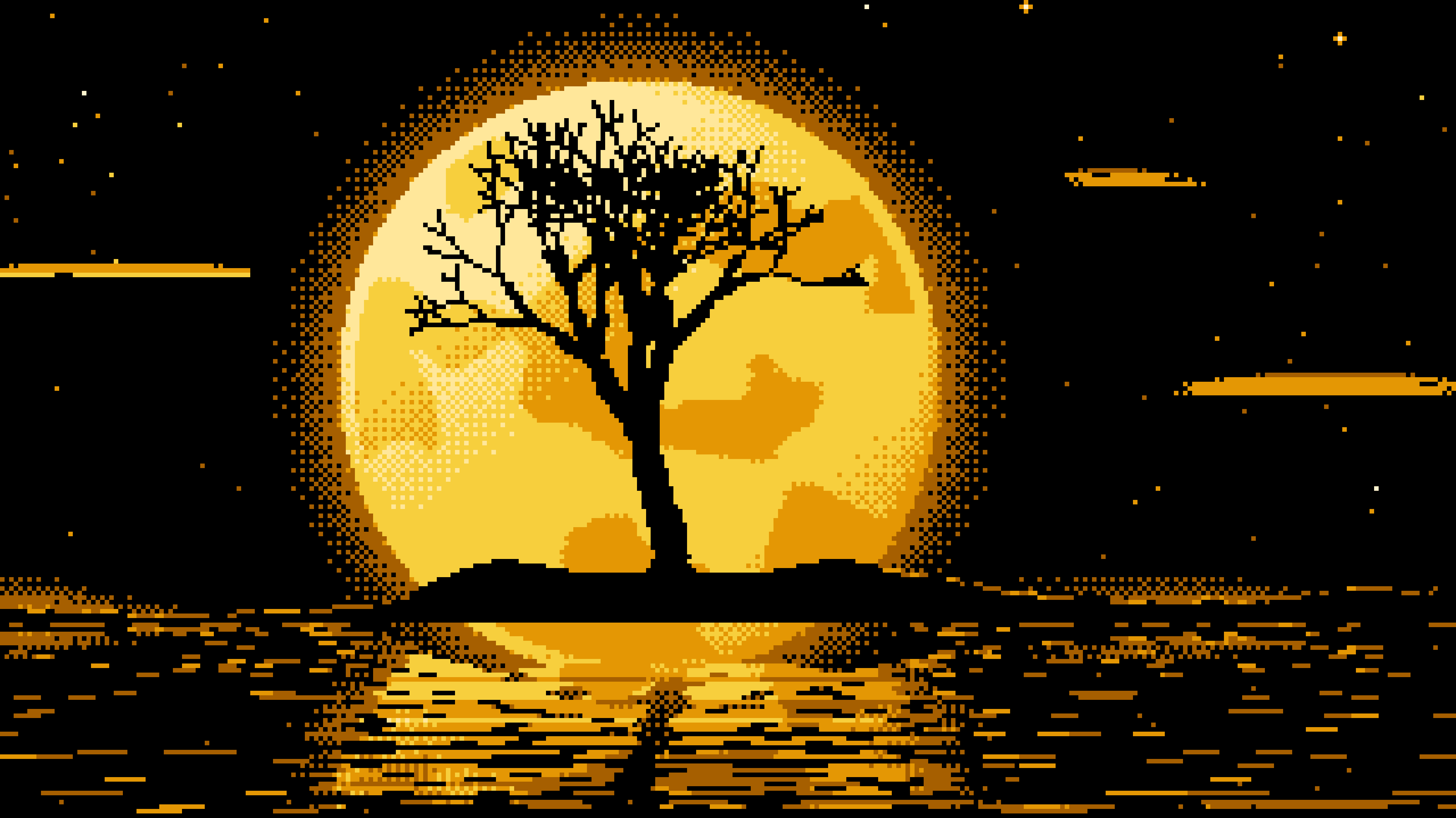 Yellow Pixel Art Lone Tree and Full Moon desktop wallpaper in 4K