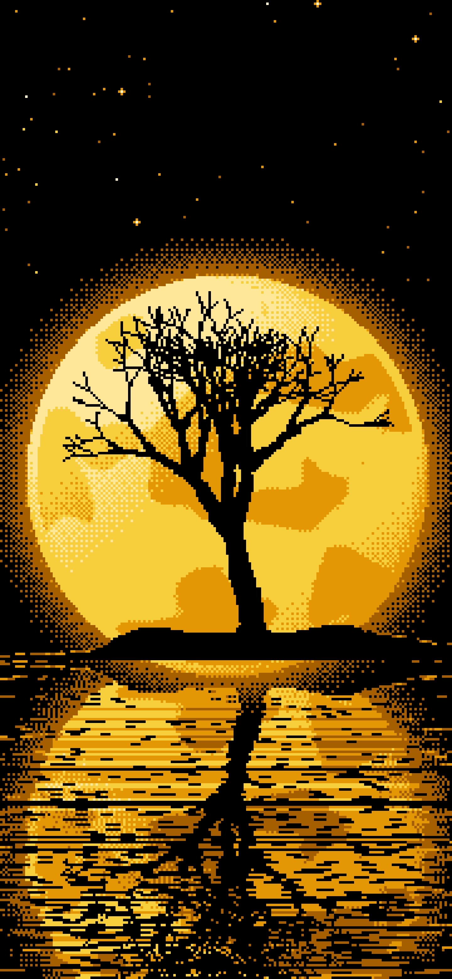 Yellow Pixel Art Lone Tree and Full Moon wallpaper for iPhone and Android