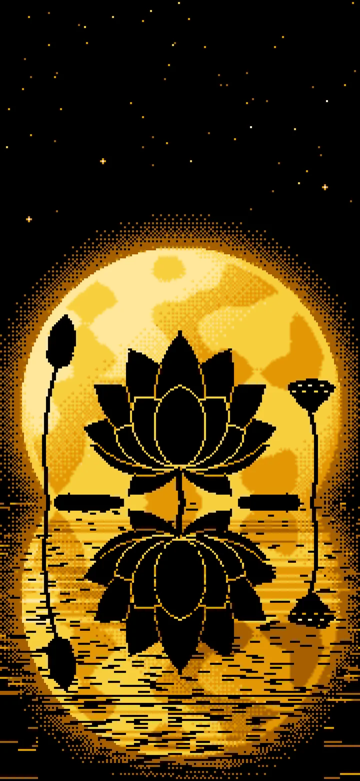 Yellow Pixel Art Lotus Flower and Full Moon wallpaper for iPhone and Android