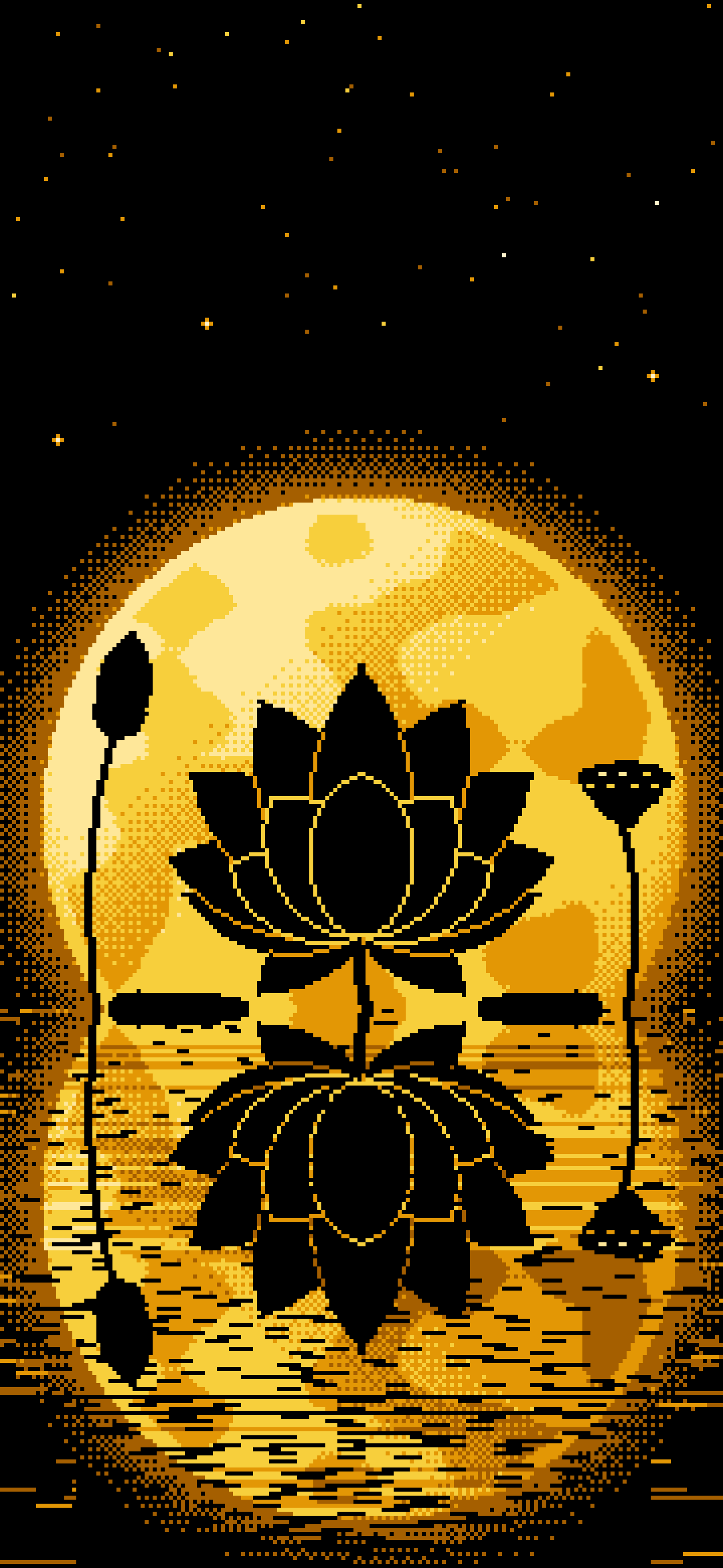 Yellow Pixel Art Lotus Flower and Full Moon wallpaper for iPhone and Android