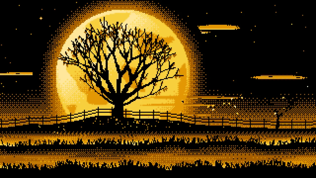 Yellow Pixel Art Maple Tree and Harvest Moon desktop wallpaper in 4K