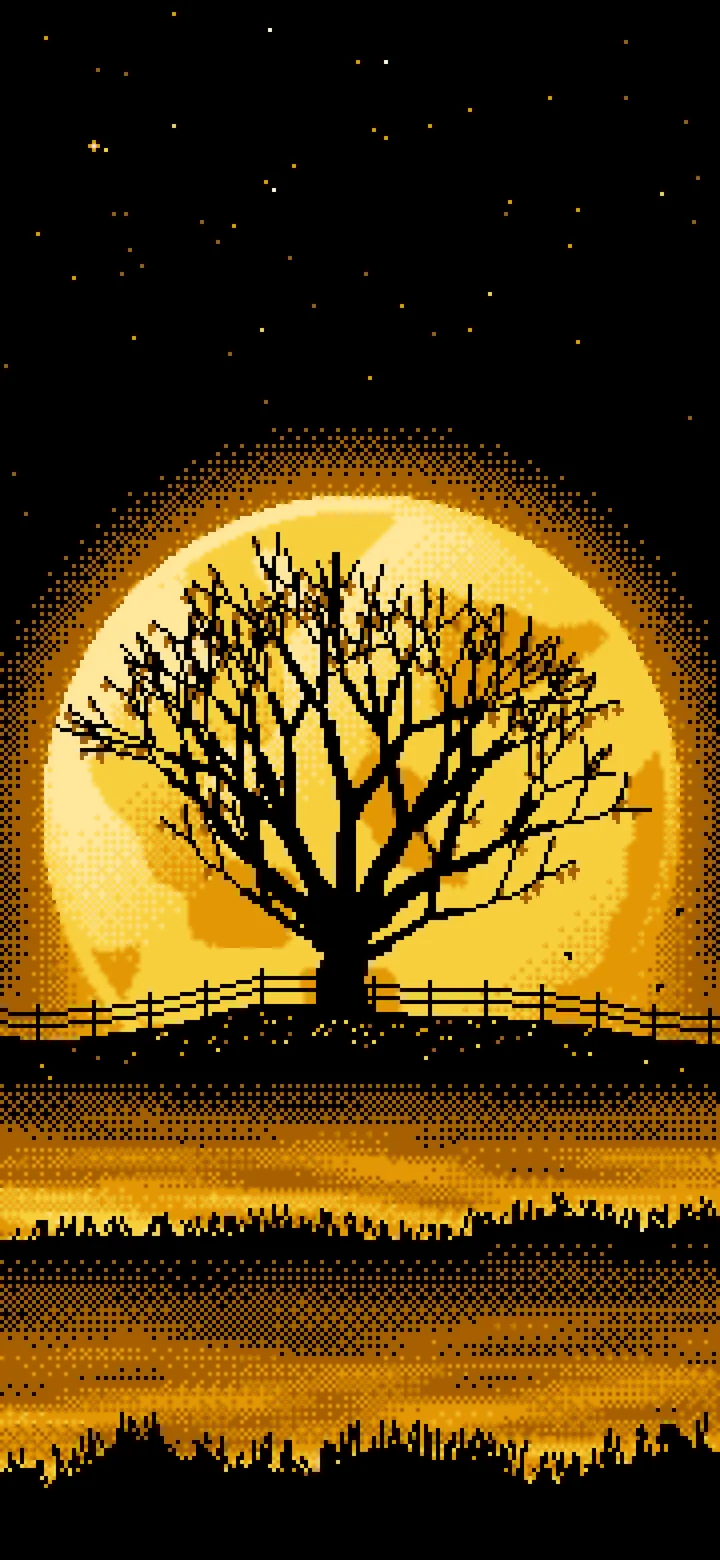 Yellow Pixel Art Maple Tree and Harvest Moon wallpaper for iPhone and Android