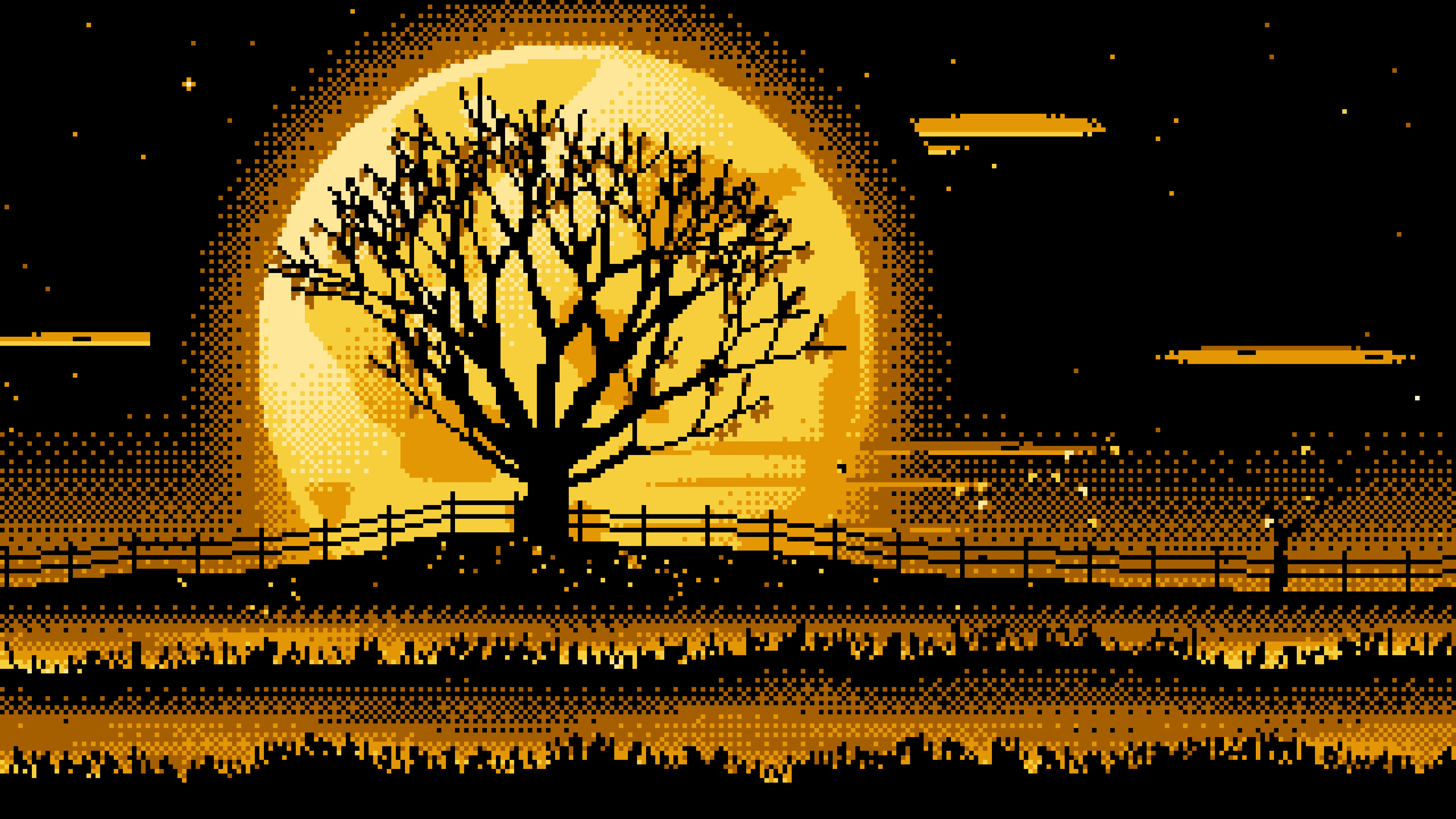 Yellow Pixel Art Maple Tree and Harvest Moon desktop wallpaper in 4K