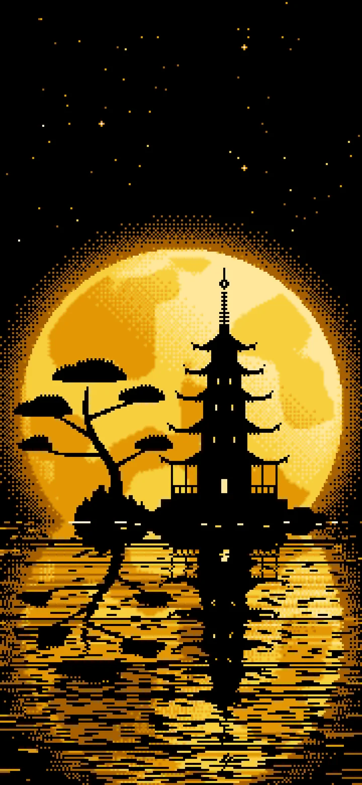 Yellow Pixel Art Pagoda and Full Moon wallpaper for iPhone and Android