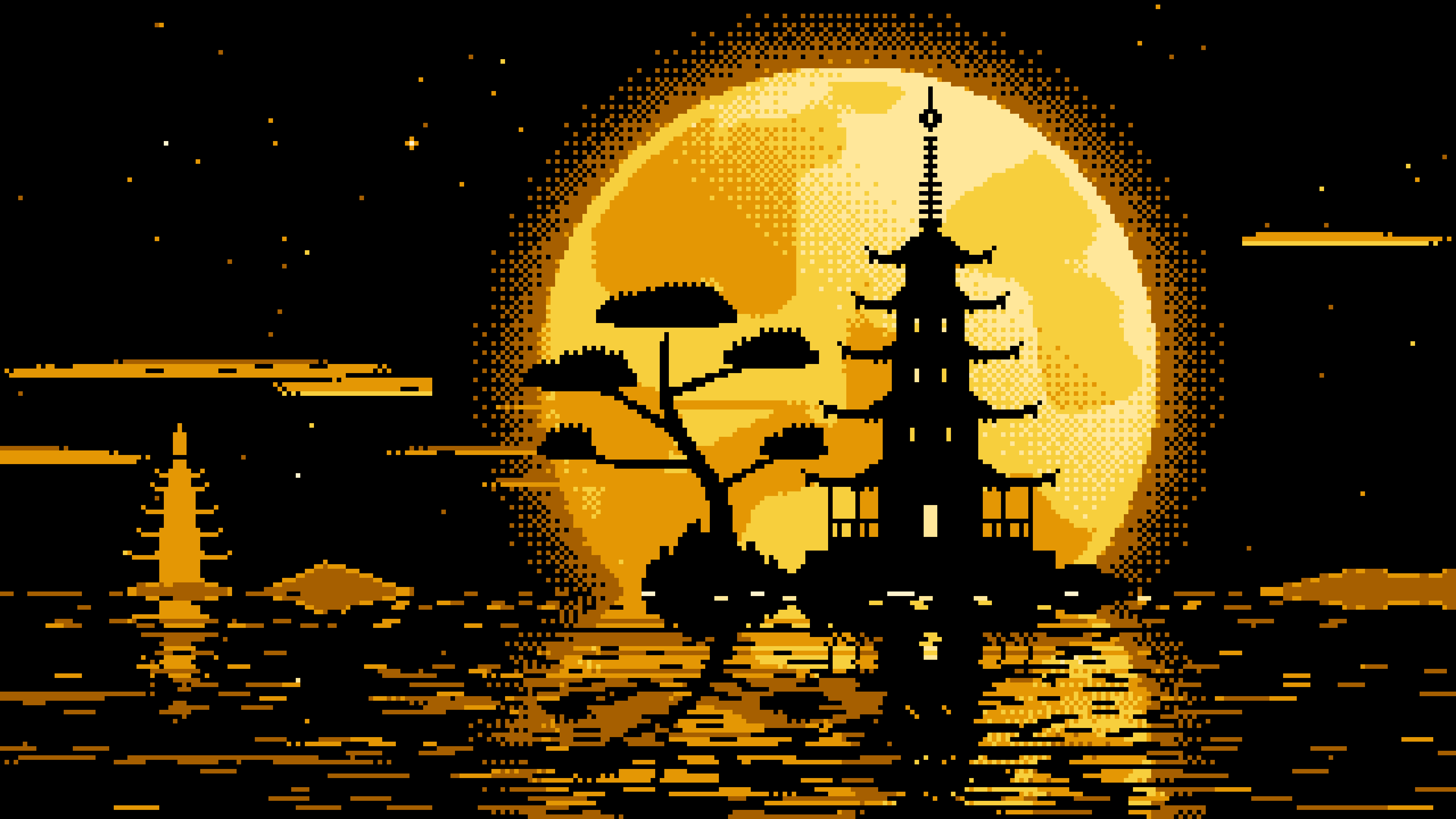 Yellow Pixel Art Pagoda and Full Moon desktop wallpaper in 4K