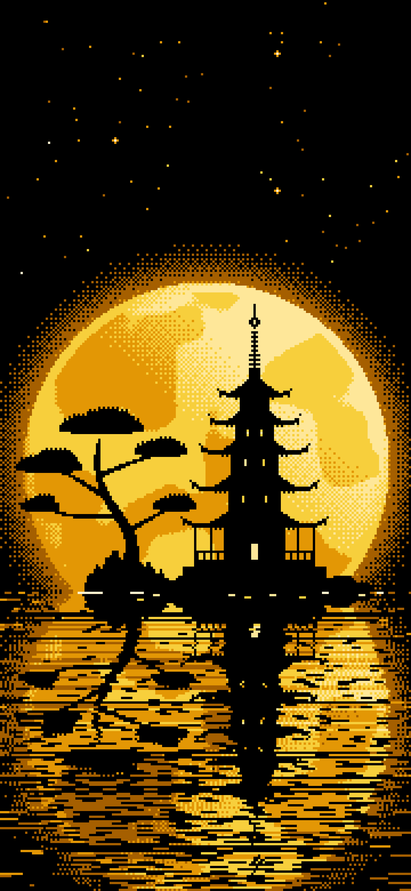 Yellow Pixel Art Pagoda and Full Moon wallpaper for iPhone and Android