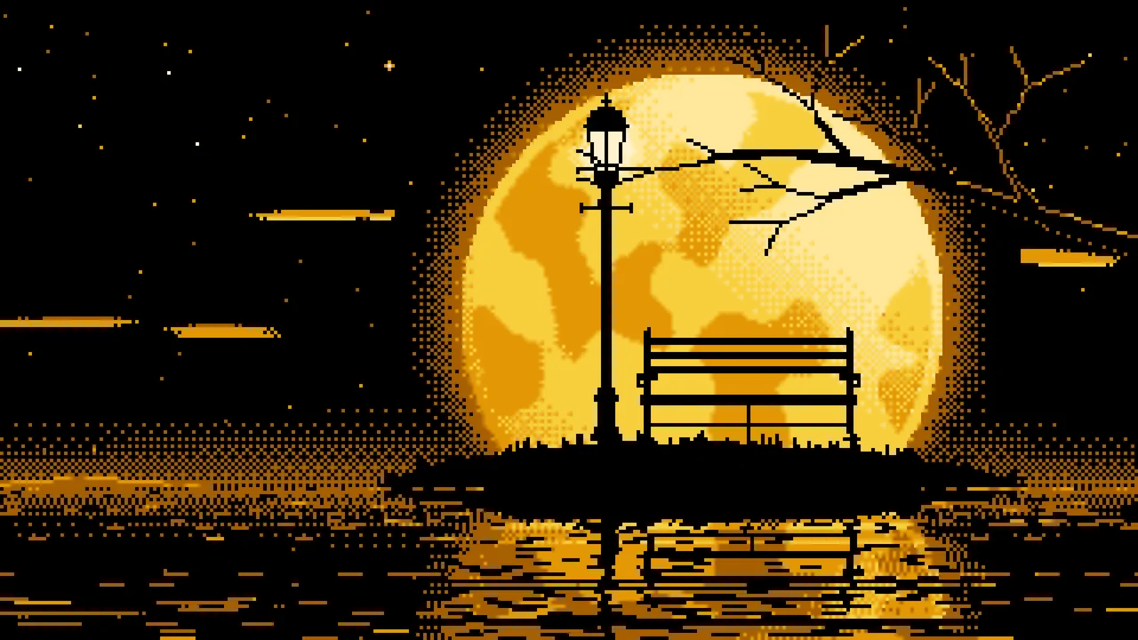 Yellow Pixel Art Park Bench and Full Moon desktop wallpaper in 4K