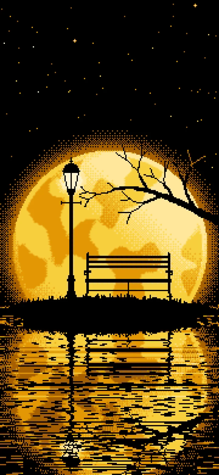 Yellow Pixel Art Park Bench and Full Moon wallpaper for iPhone and Android