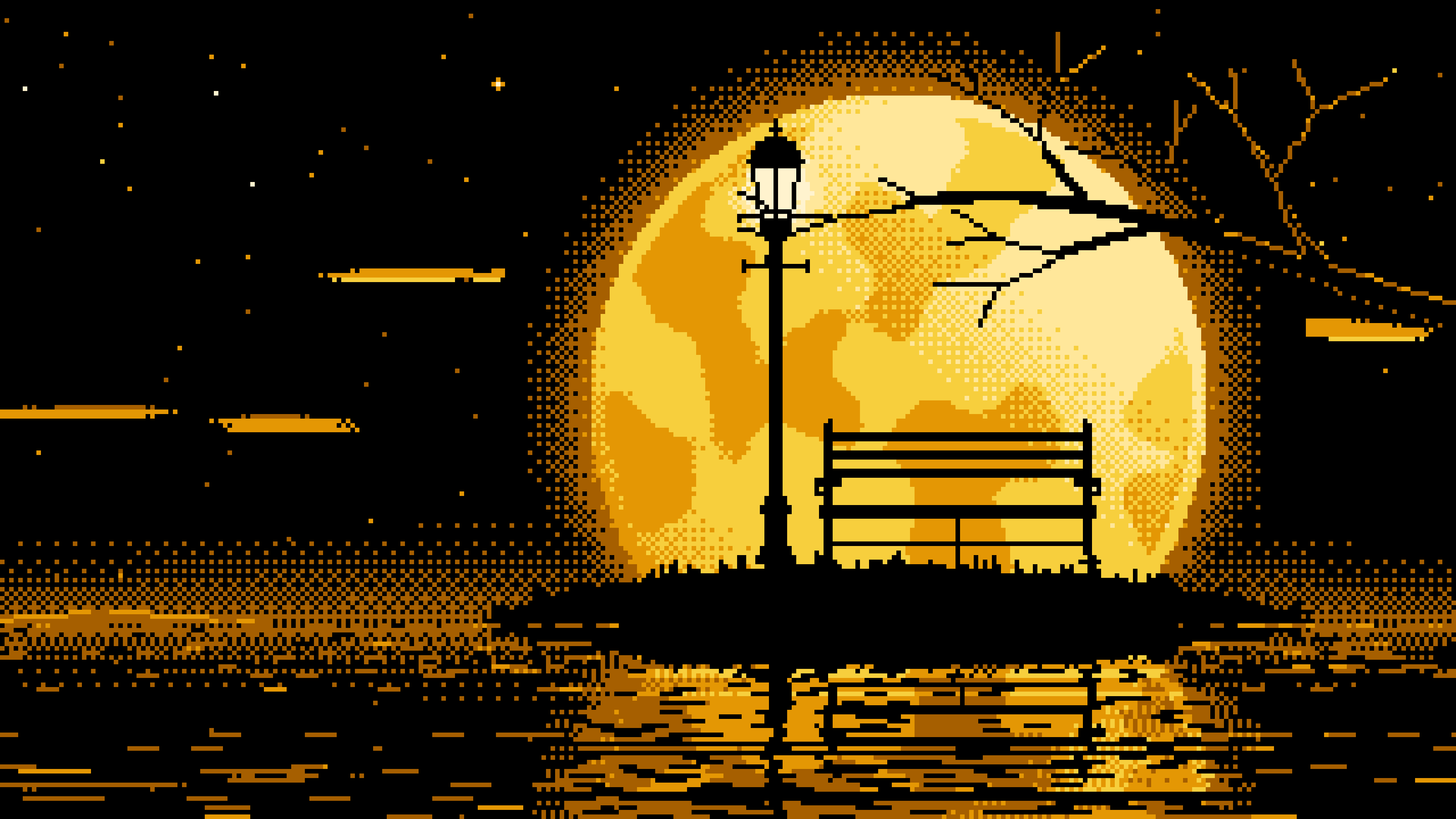 Yellow Pixel Art Park Bench and Full Moon desktop wallpaper in 4K