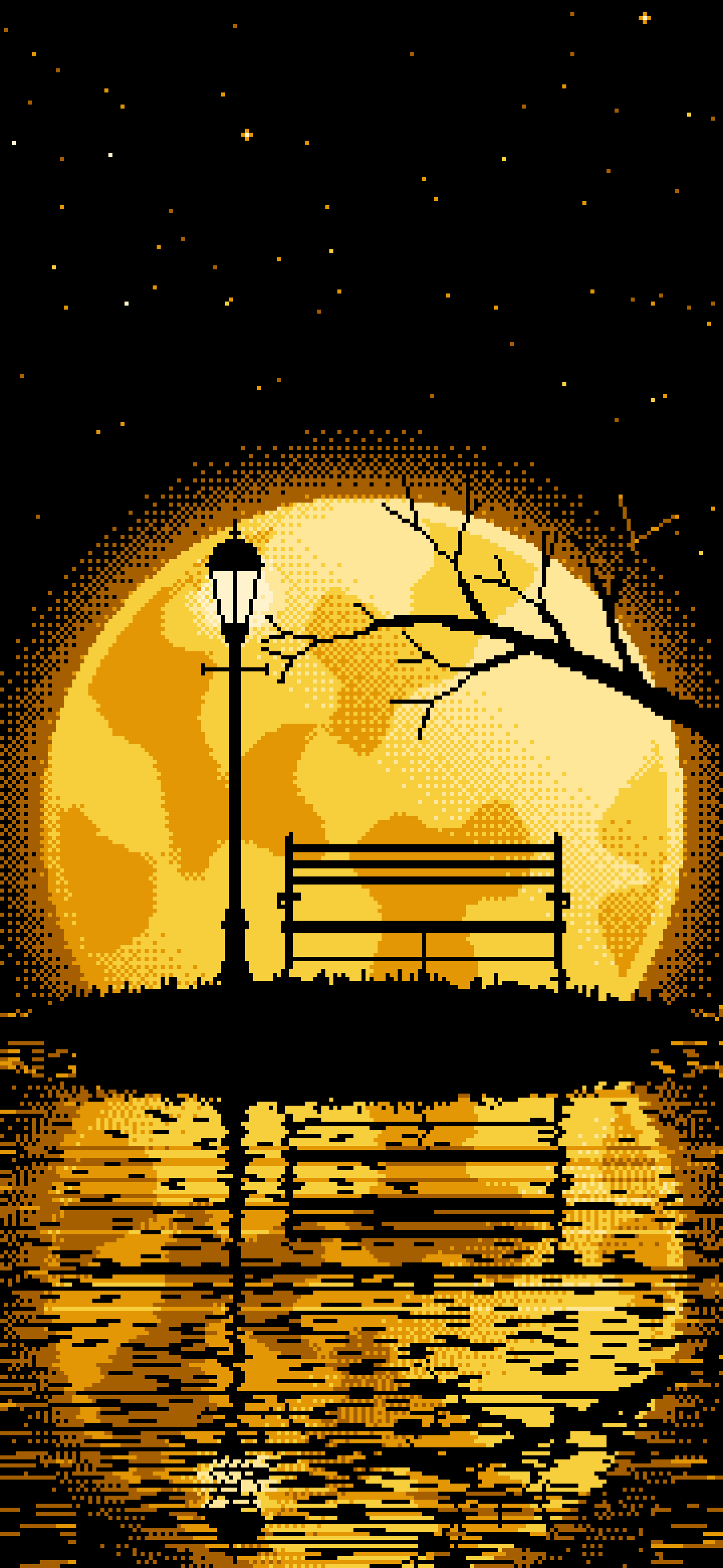 Yellow Pixel Art Park Bench and Full Moon wallpaper for iPhone and Android