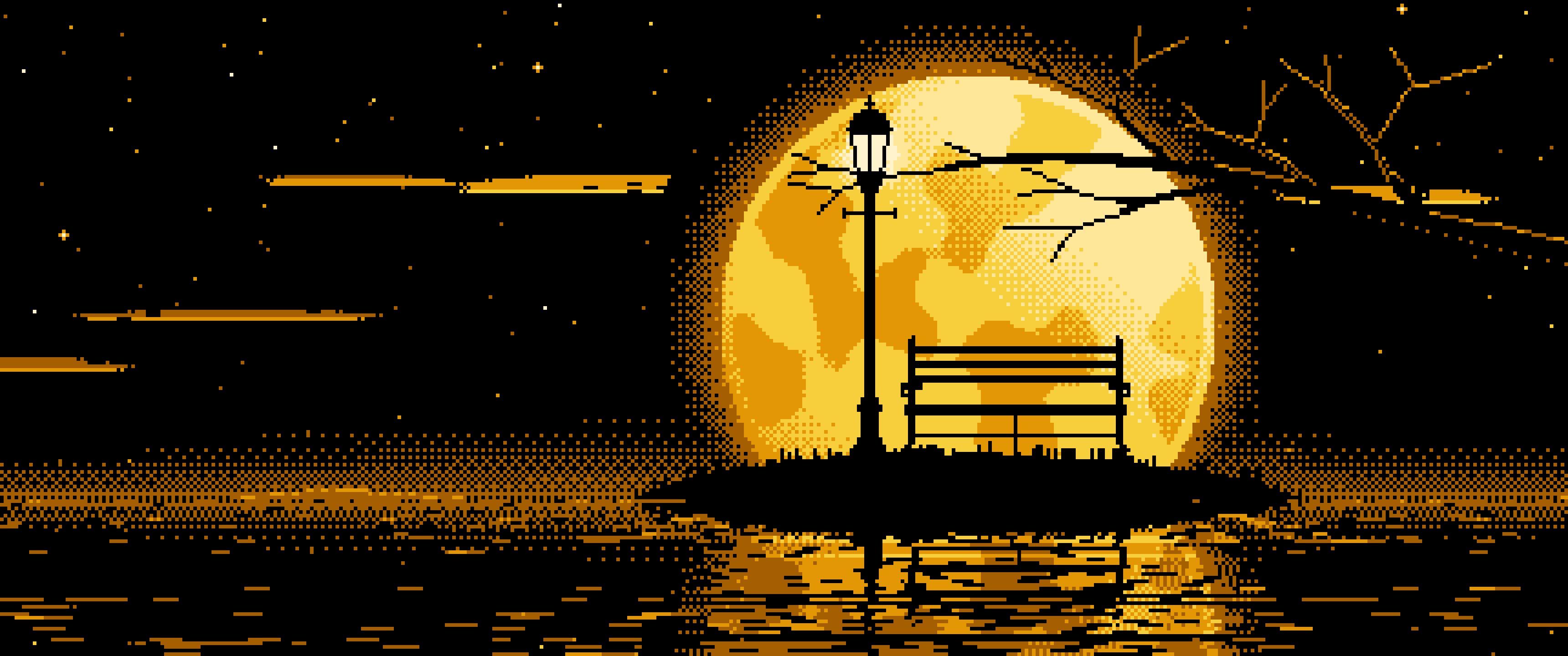 Yellow Pixel Art Park Bench and Full Moon ultrawide wallpaper, 3440 × 1440