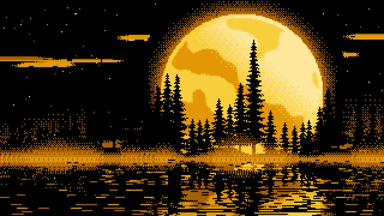 Yellow Pixel Art Pine Trees and Full Moon desktop wallpaper in 4K
