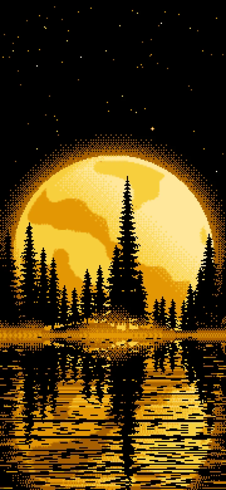 Yellow Pixel Art Pine Trees and Full Moon wallpaper for iPhone and Android
