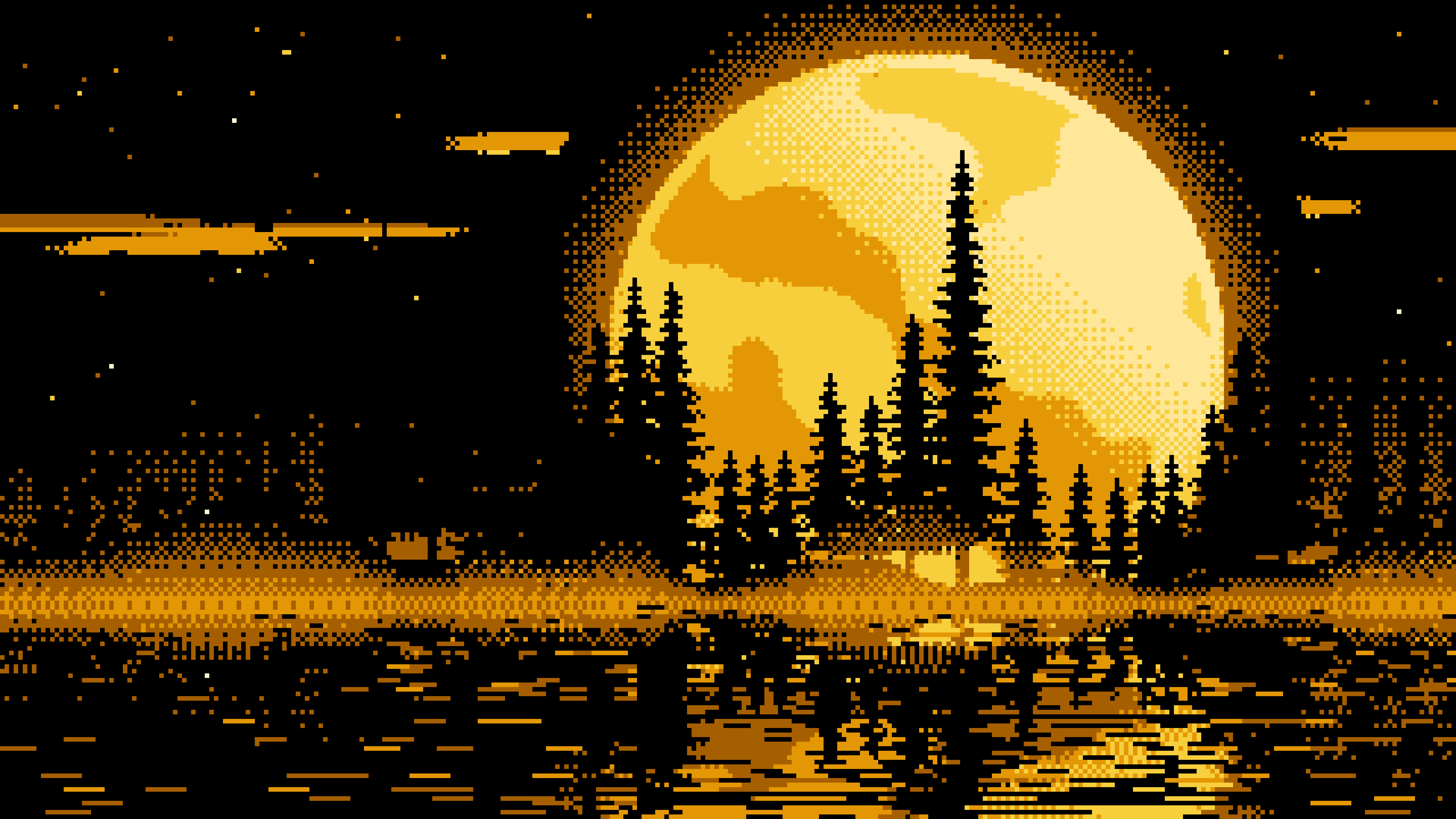 Yellow Pixel Art Pine Trees and Full Moon desktop wallpaper in 4K