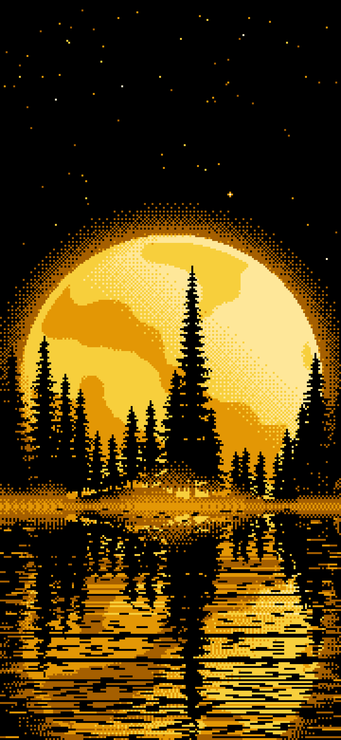 Yellow Pixel Art Pine Trees and Full Moon wallpaper for iPhone and Android