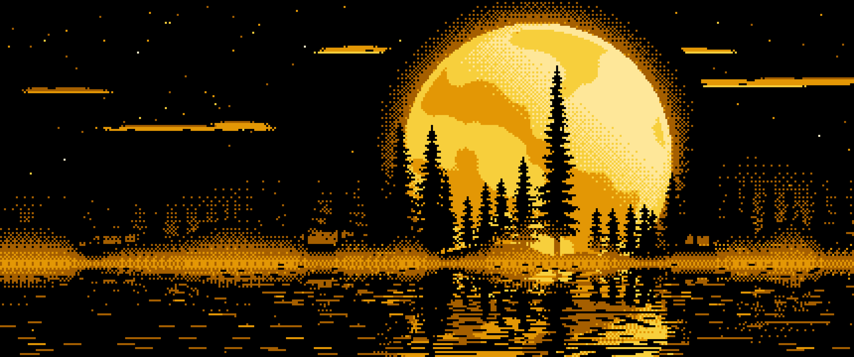 Yellow Pixel Art Pine Trees and Full Moon ultrawide wallpaper, 3440 × 1440