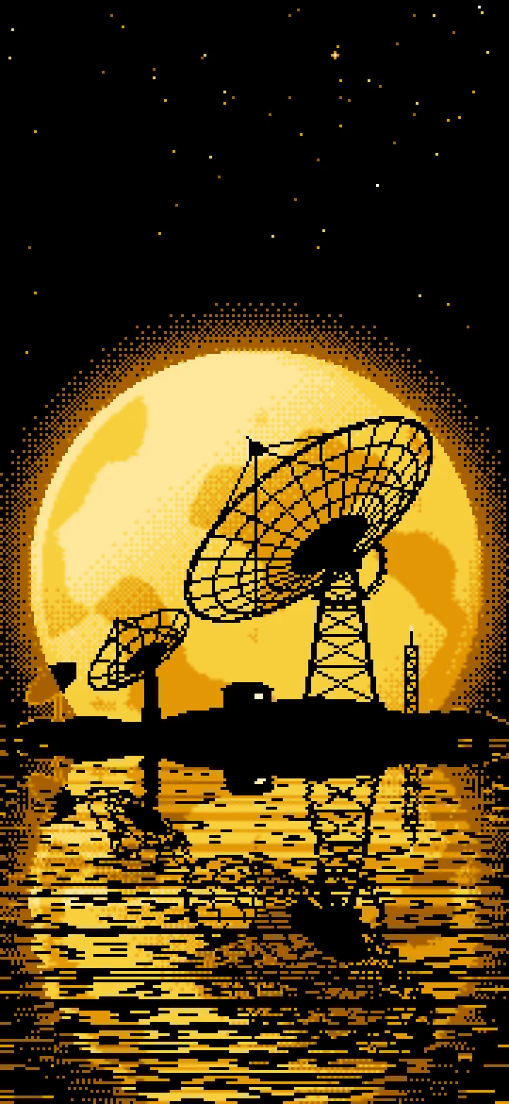 Yellow Pixel Art Radio Telescope and Full Moon wallpaper for iPhone and Android