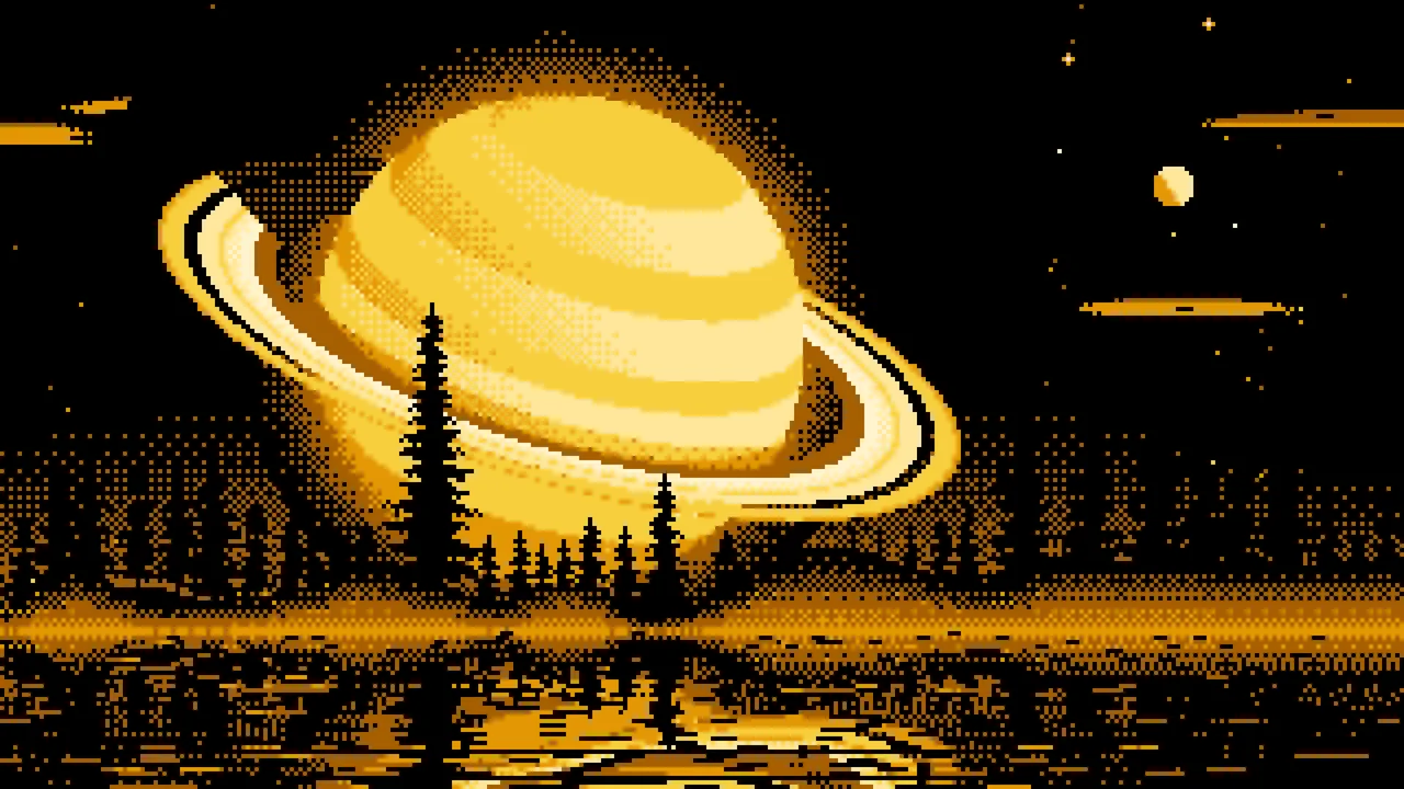 Yellow Pixel Art Ringed Planet and Pine Trees desktop wallpaper in 4K