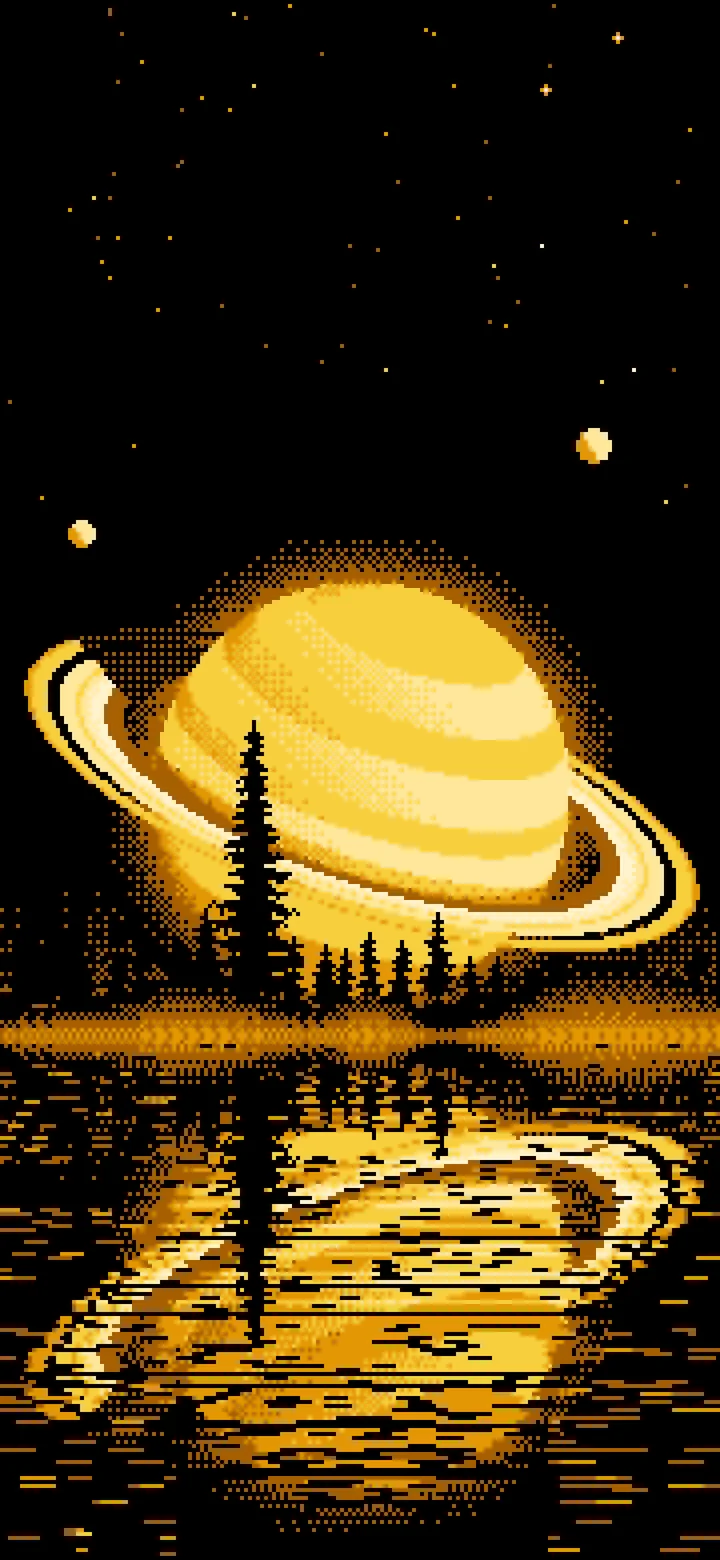 Yellow Pixel Art Ringed Planet and Pine Trees wallpaper for iPhone and Android