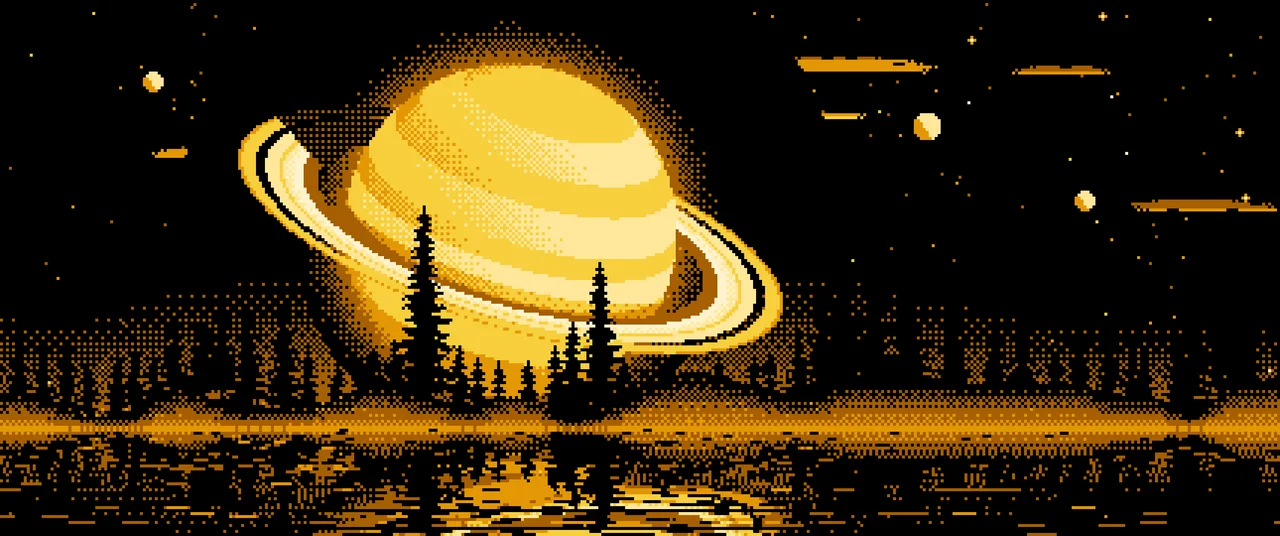 Yellow Pixel Art Ringed Planet and Pine Trees ultrawide wallpaper, 3440 × 1440