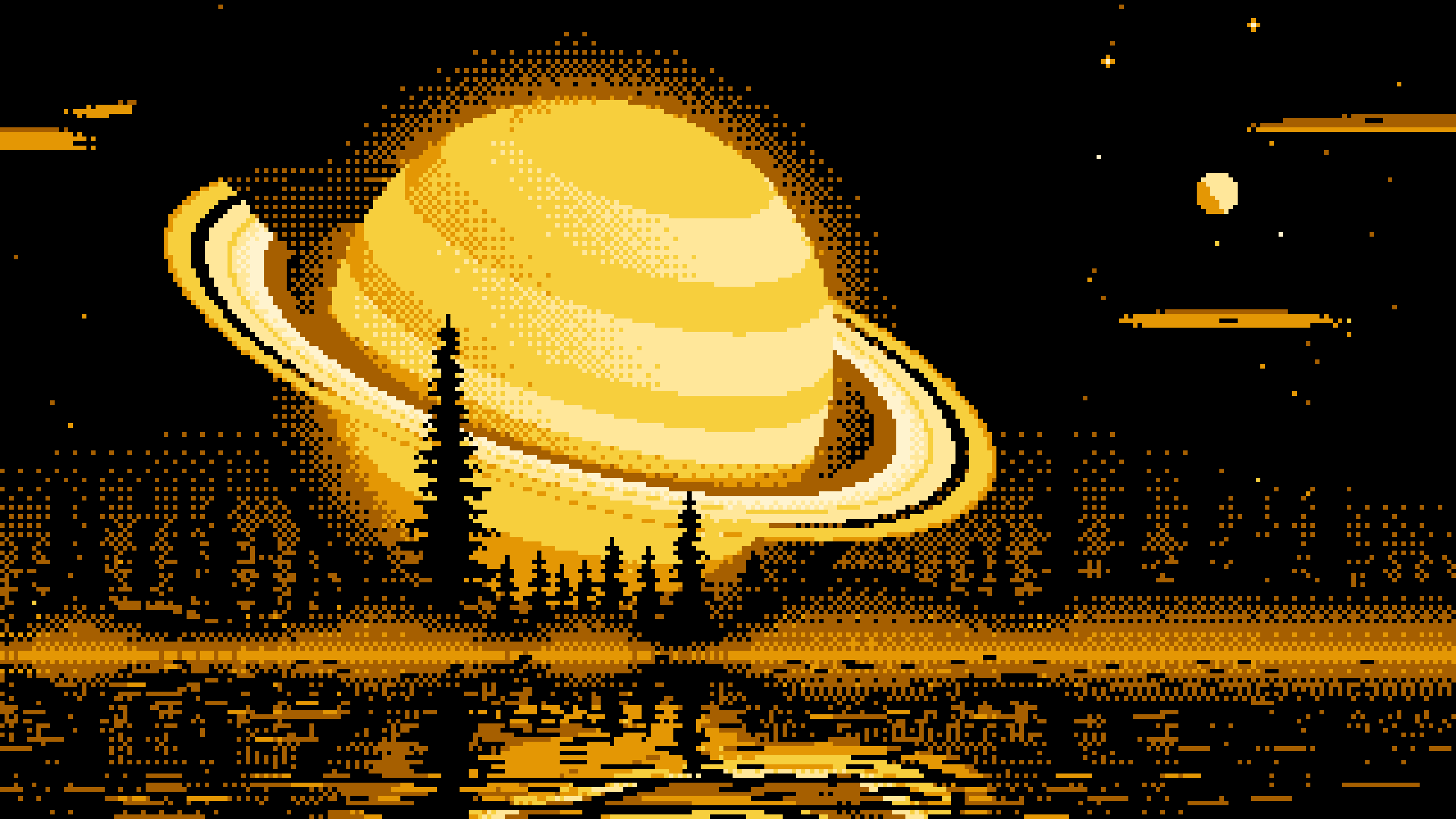 Yellow Pixel Art Ringed Planet and Pine Trees desktop wallpaper in 4K