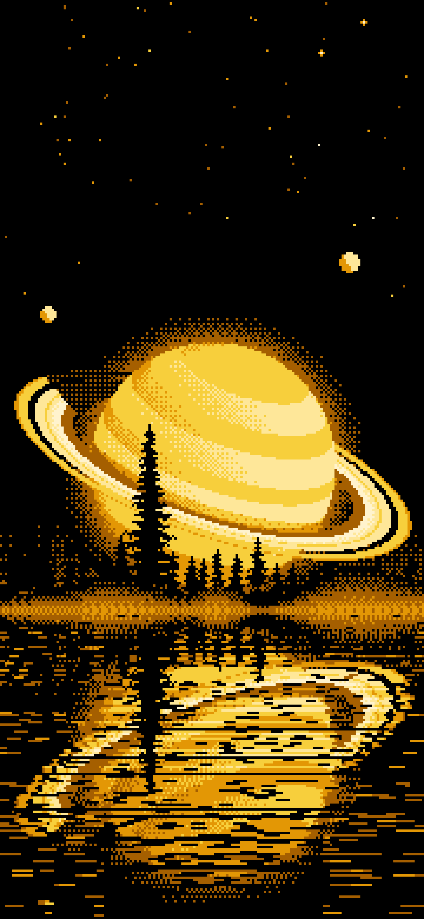 Yellow Pixel Art Ringed Planet and Pine Trees wallpaper for iPhone and Android