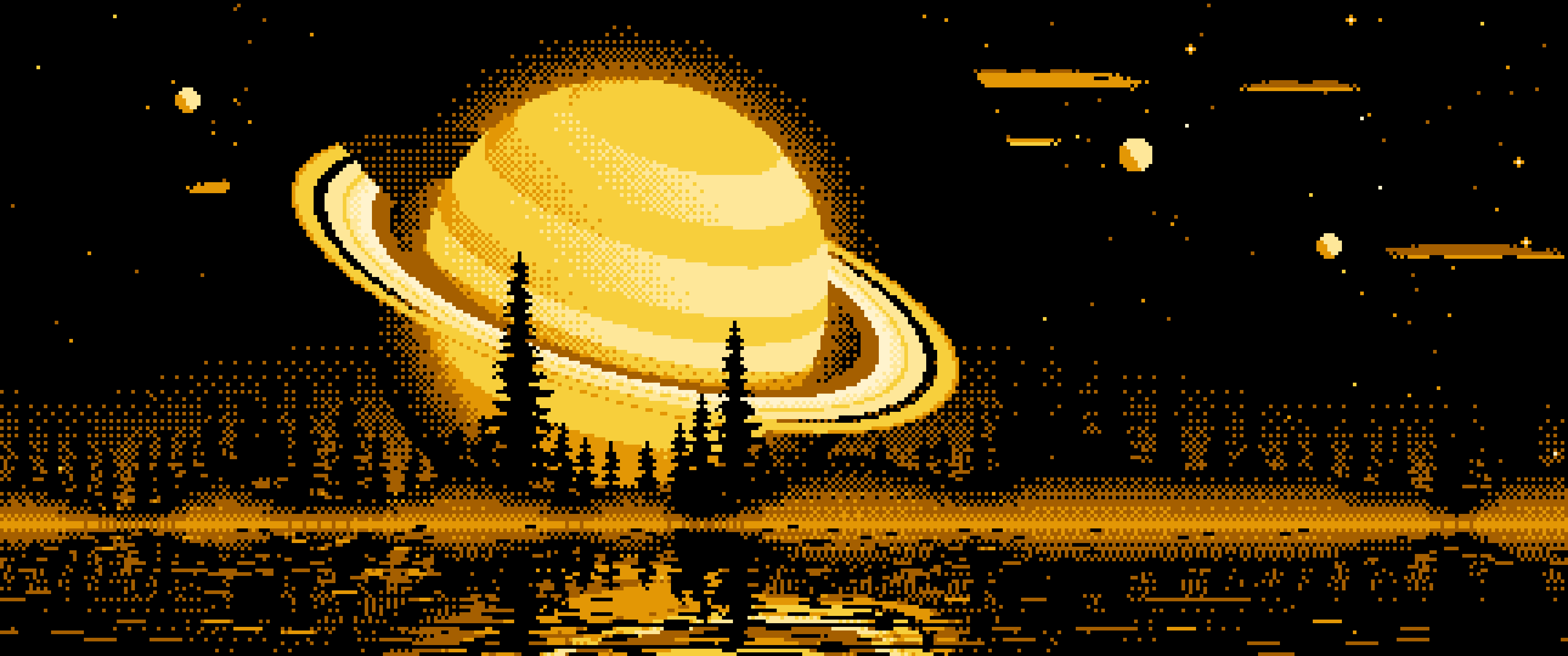 Yellow Pixel Art Ringed Planet and Pine Trees ultrawide wallpaper, 3440 × 1440