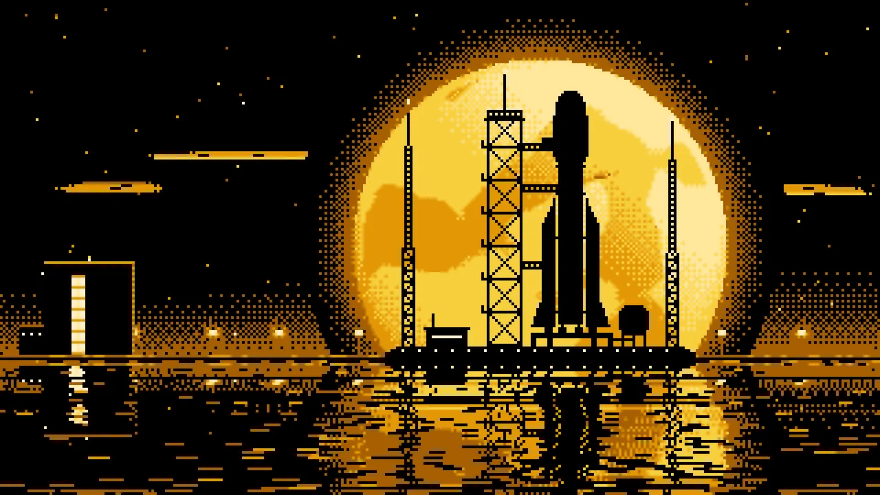 Yellow Pixel Art Rocket and Full Moon desktop wallpaper in 4K