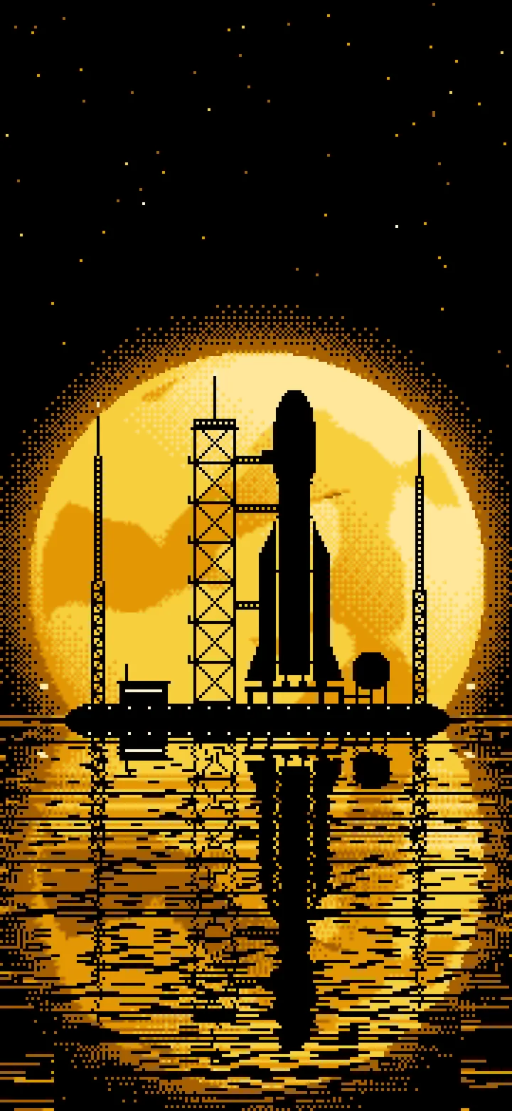 Yellow Pixel Art Rocket and Full Moon wallpaper for iPhone and Android
