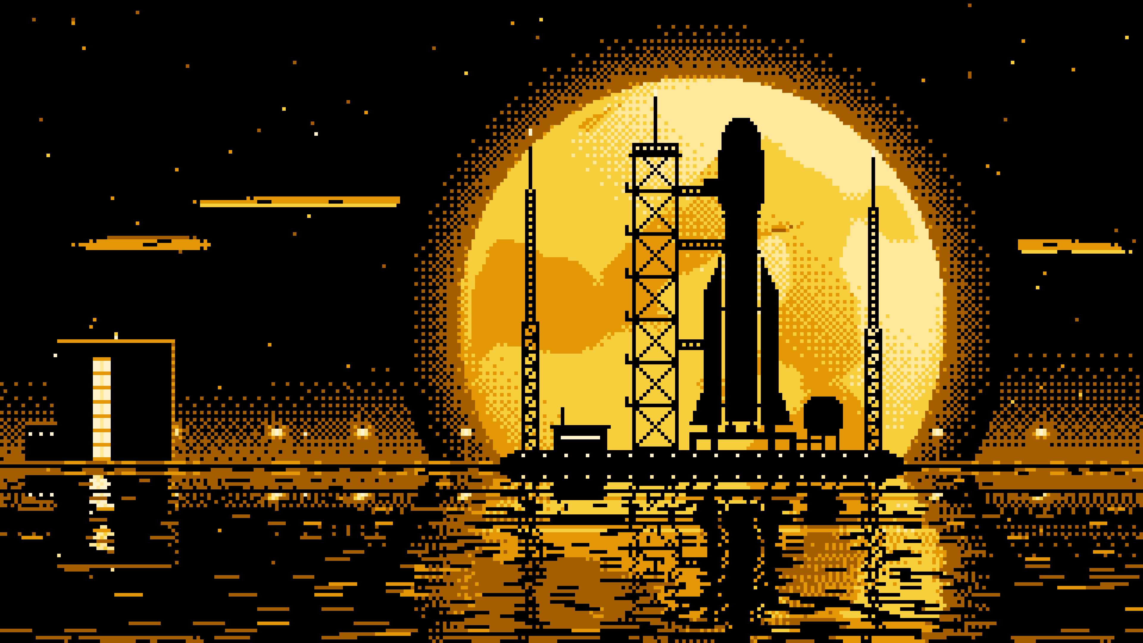 Yellow Pixel Art Rocket and Full Moon desktop wallpaper in 4K