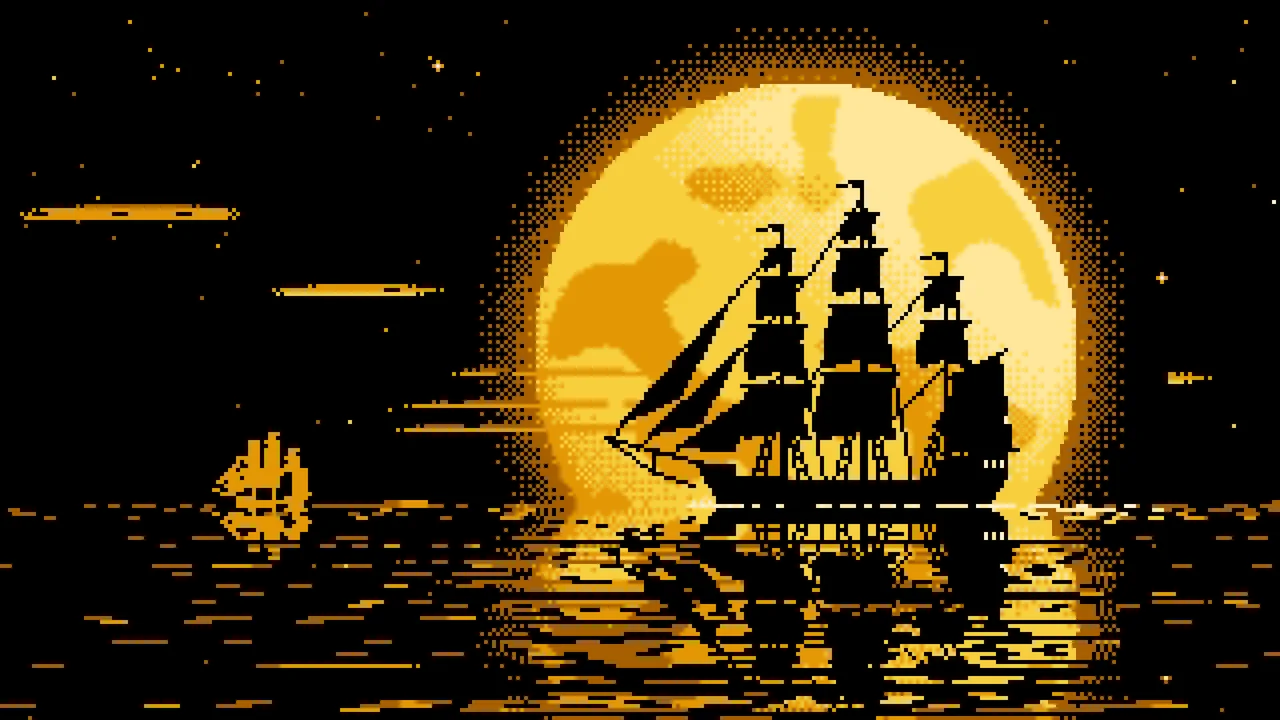 Yellow Pixel Art Sailing Ship and Full Moon desktop wallpaper in 4K