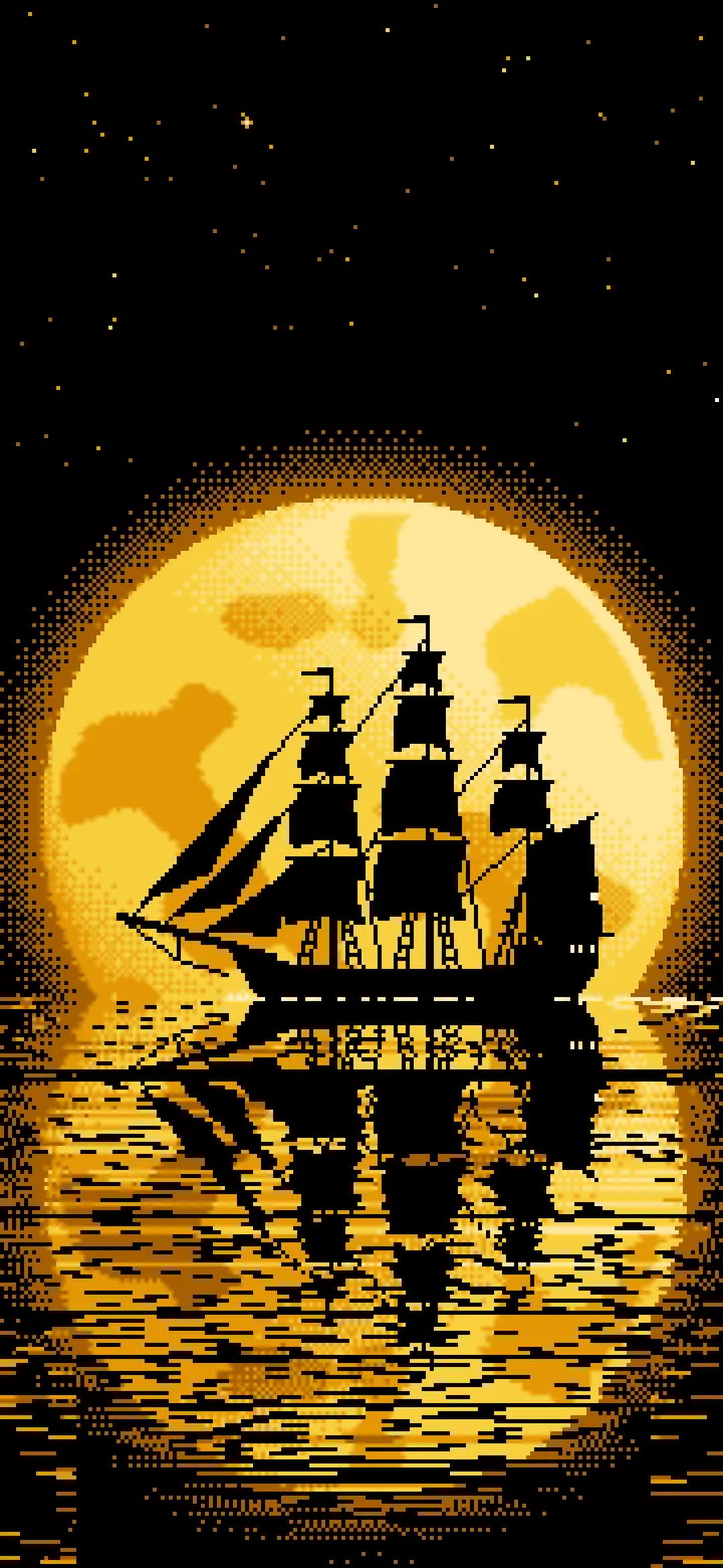 Yellow Pixel Art Sailing Ship and Full Moon wallpaper for iPhone and Android