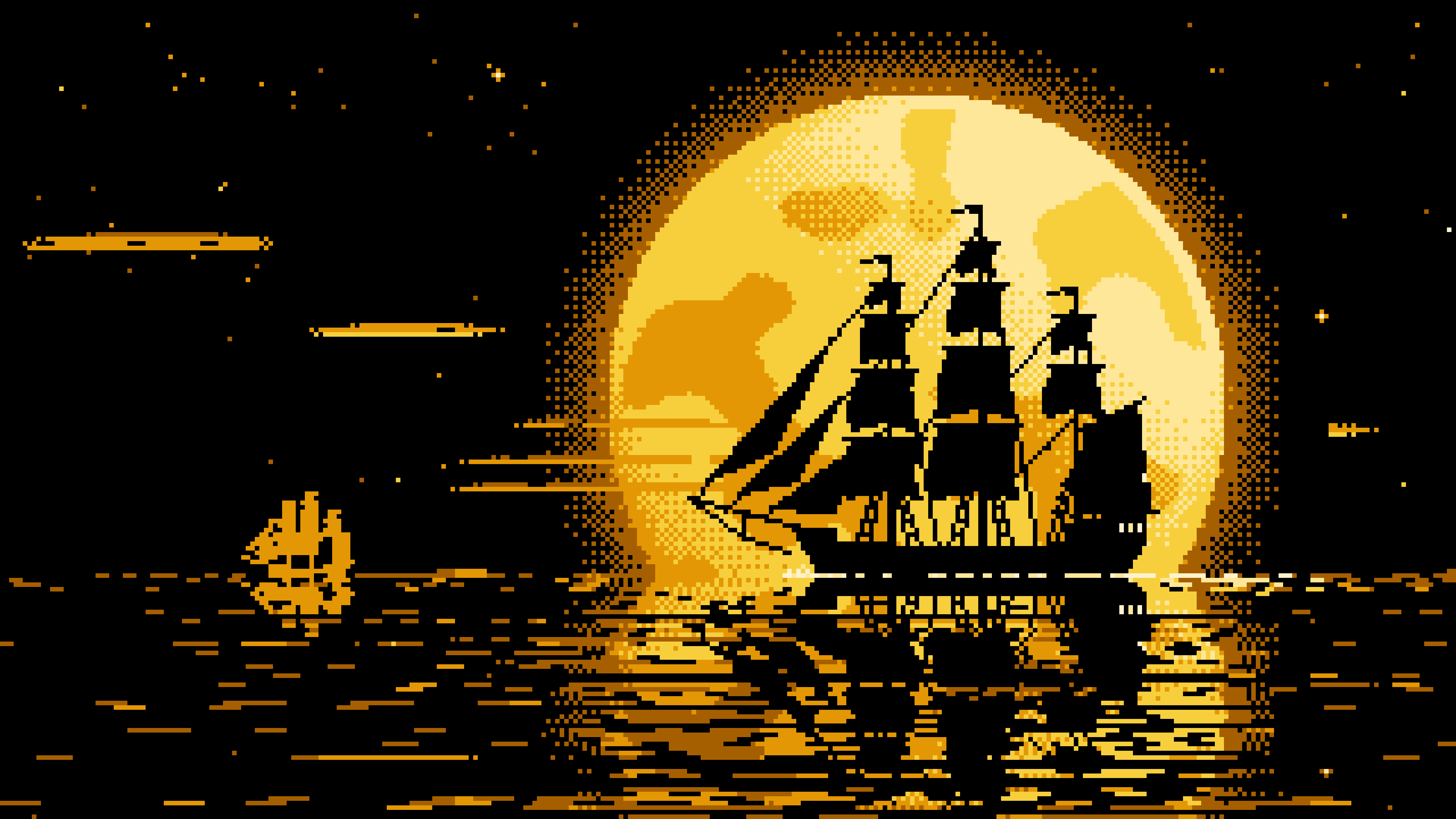 Yellow Pixel Art Sailing Ship and Full Moon desktop wallpaper in 4K