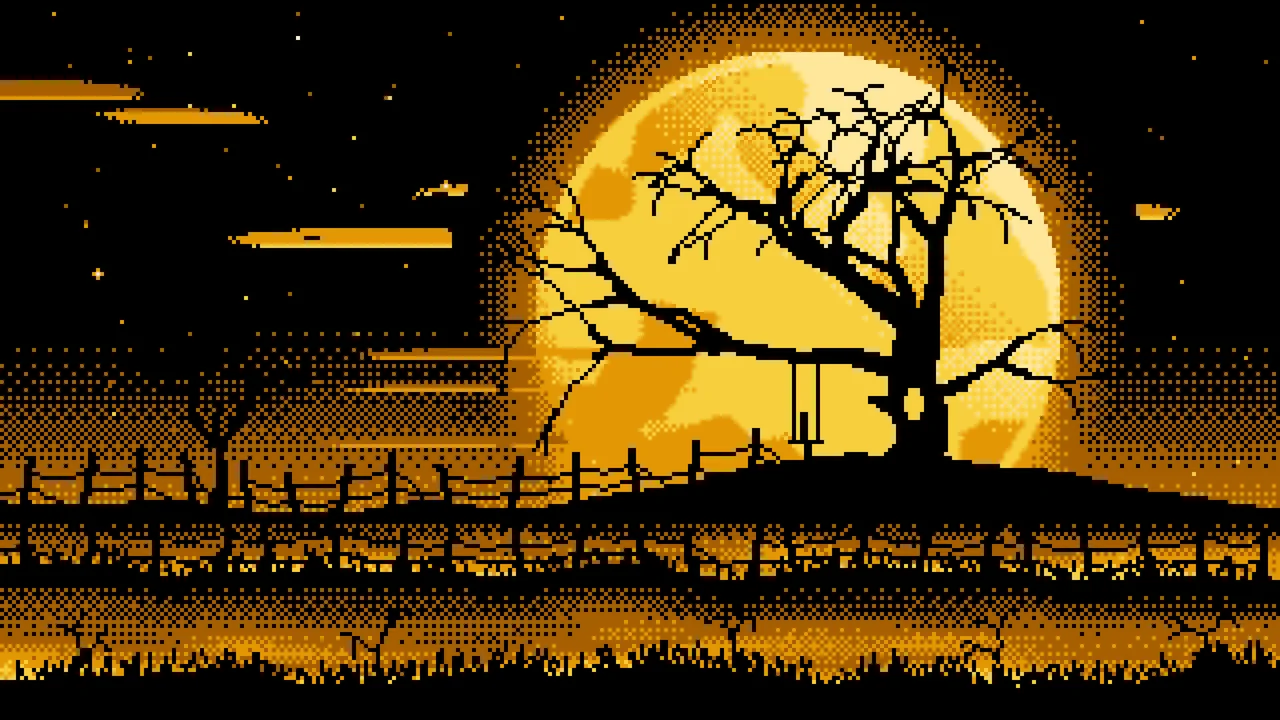 Yellow Pixel Art Spooky Tree and Full Moon desktop wallpaper in 4K