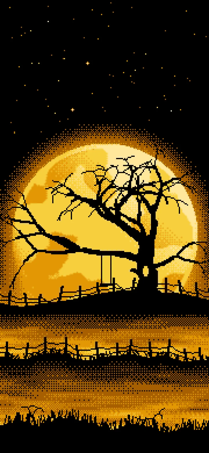 Yellow Pixel Art Spooky Tree and Full Moon wallpaper for iPhone and Android