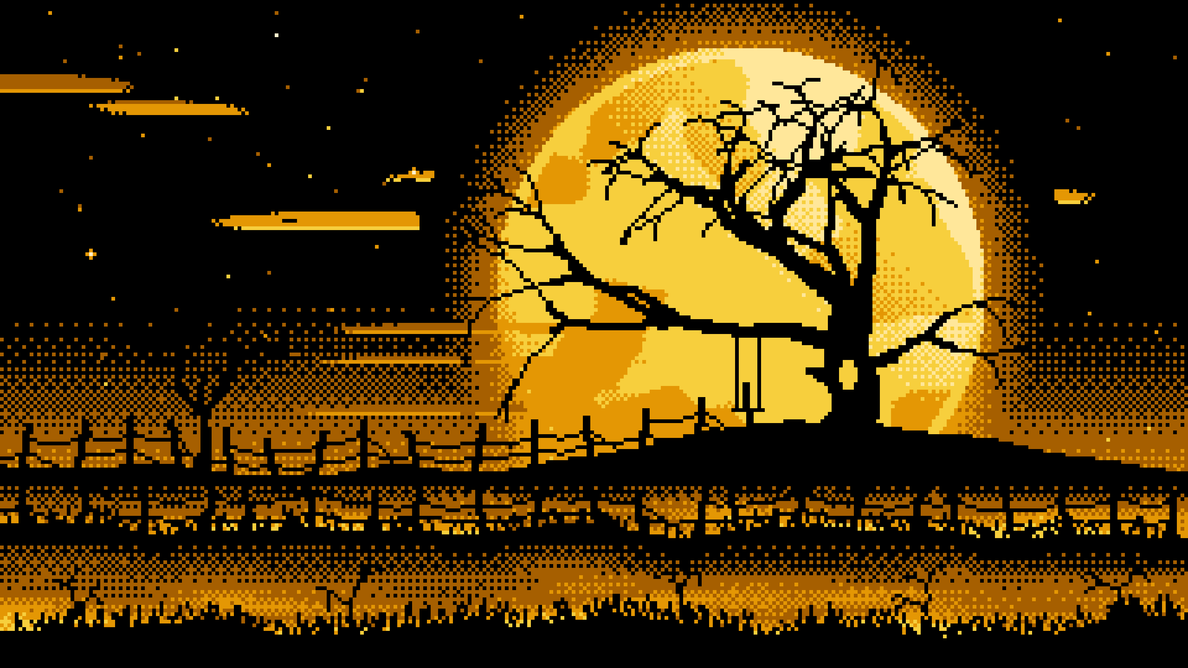 Yellow Pixel Art Spooky Tree and Full Moon desktop wallpaper in 4K