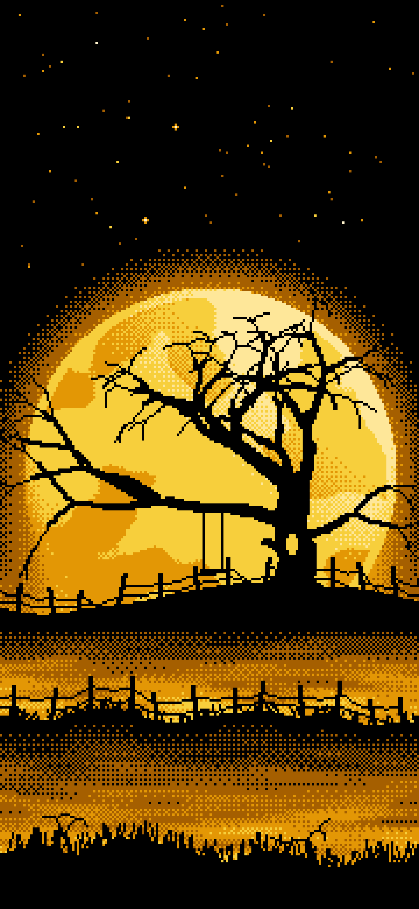 Yellow Pixel Art Spooky Tree and Full Moon wallpaper for iPhone and Android