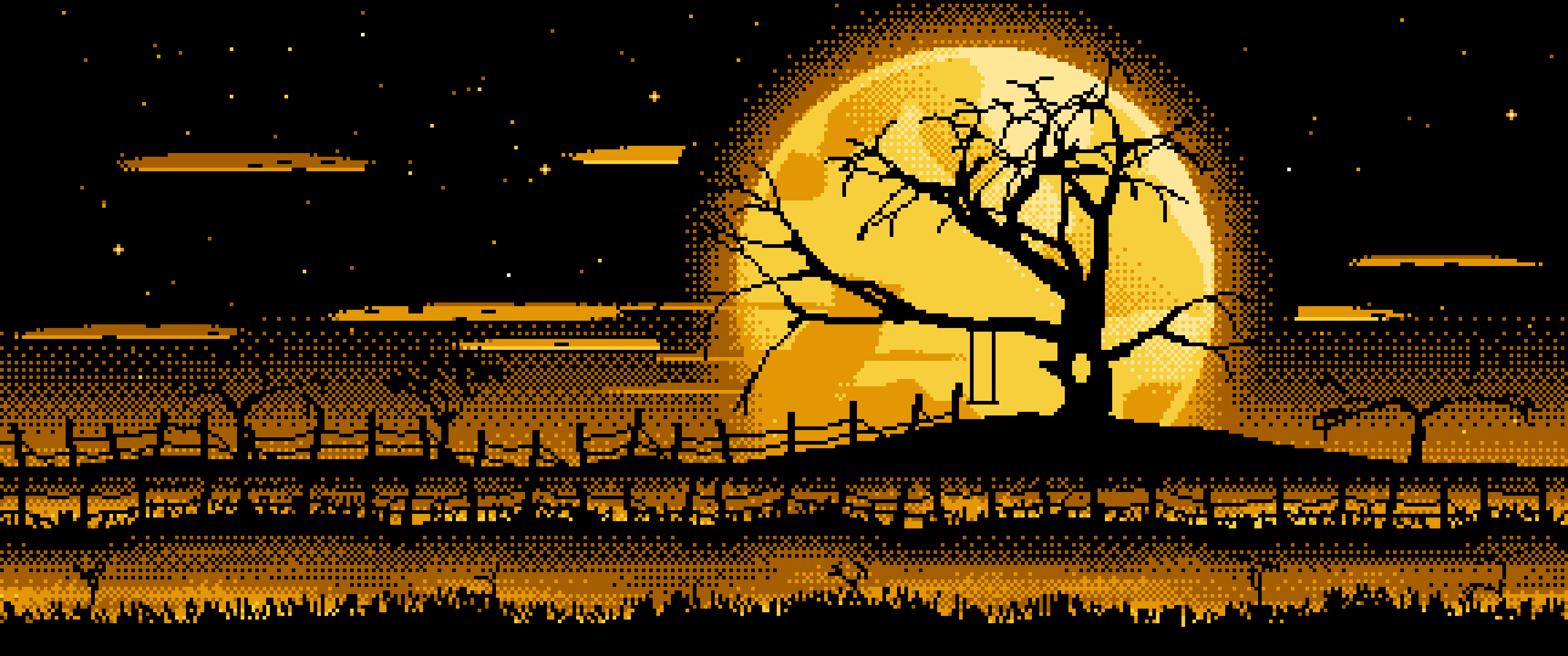 Yellow Pixel Art Spooky Tree and Full Moon ultrawide wallpaper, 3440 × 1440
