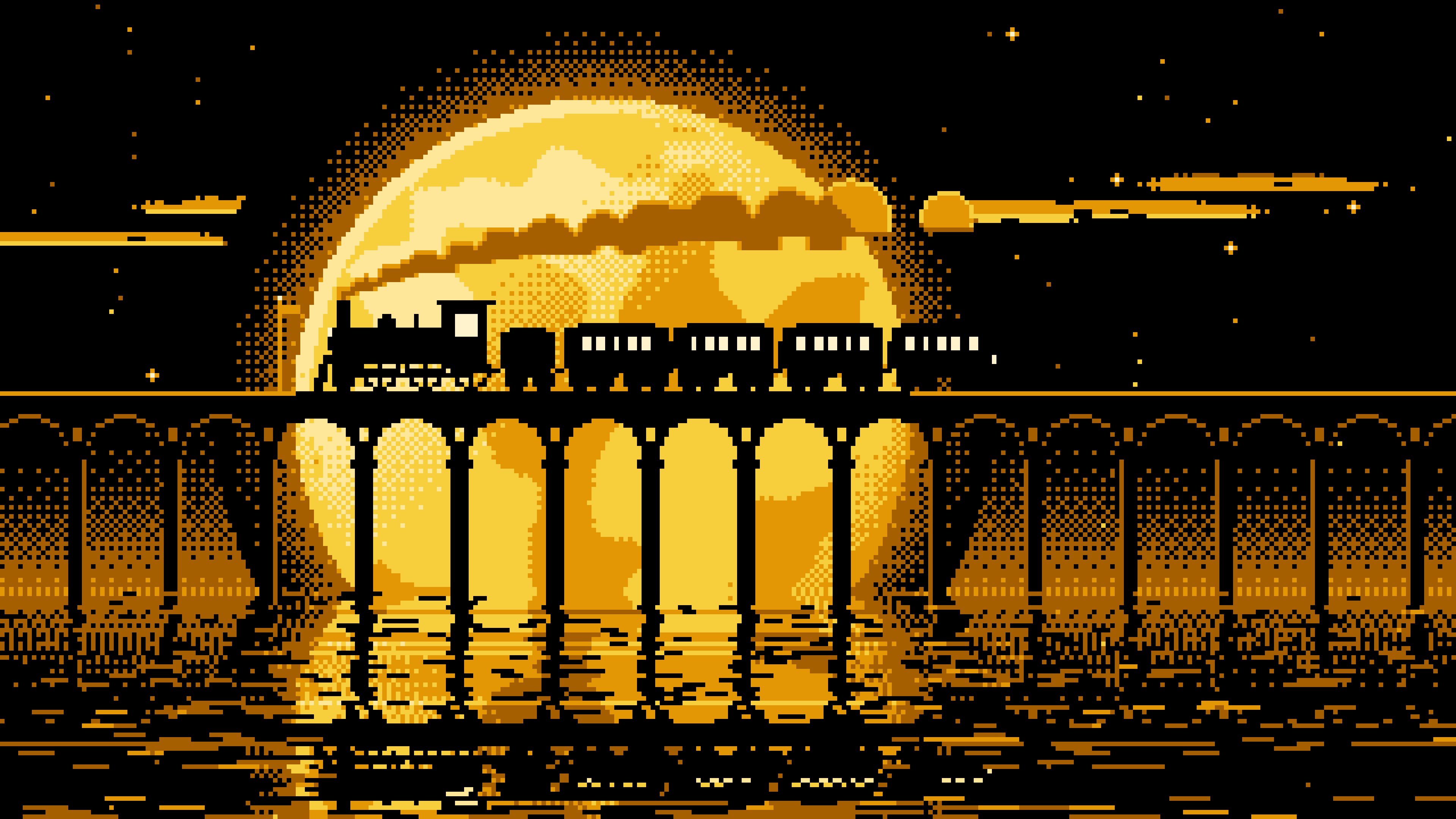 Yellow Pixel Art Steam Train and Full Moon desktop wallpaper in 4K