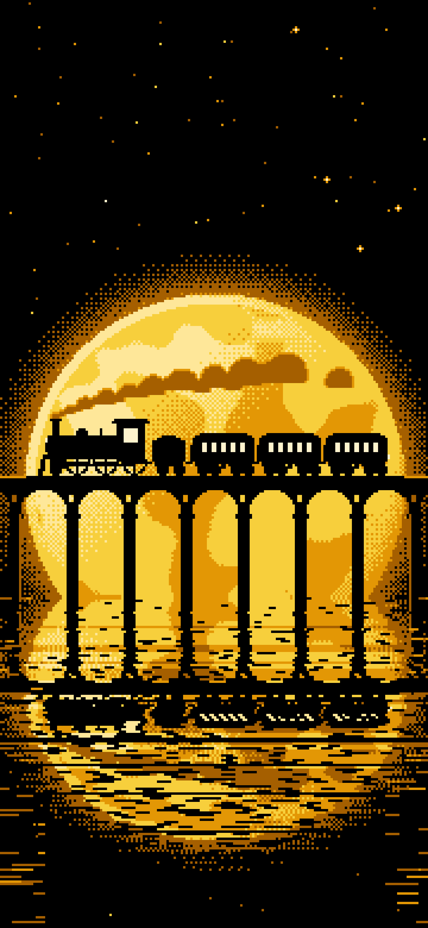 Yellow Pixel Art Steam Train and Full Moon wallpaper for iPhone and Android