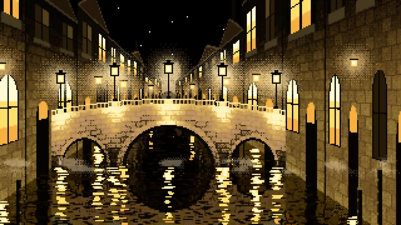 Yellow Pixel Art Street Lamps on a Canal Bridge at Night desktop wallpaper in 4K