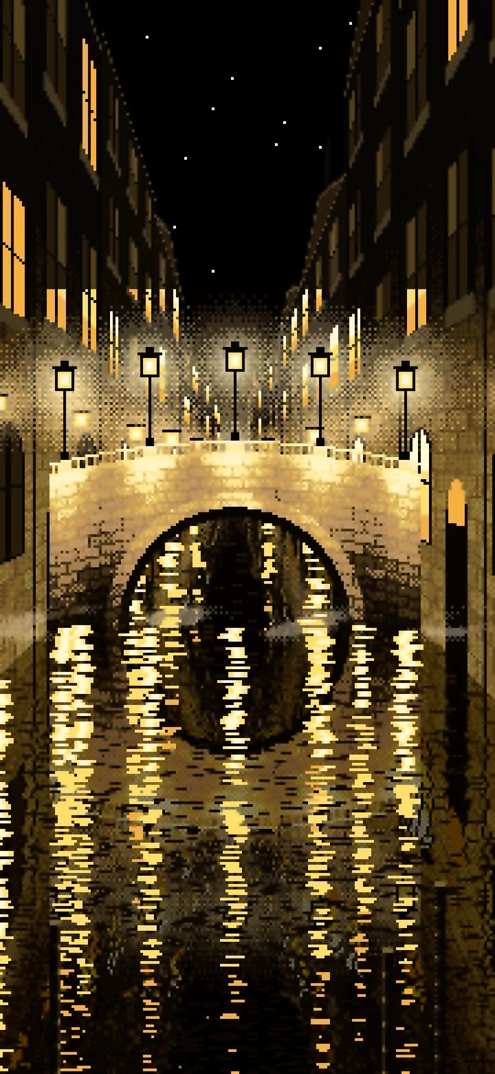 Yellow Pixel Art Street Lamps on a Canal Bridge at Night wallpaper for iPhone and Android