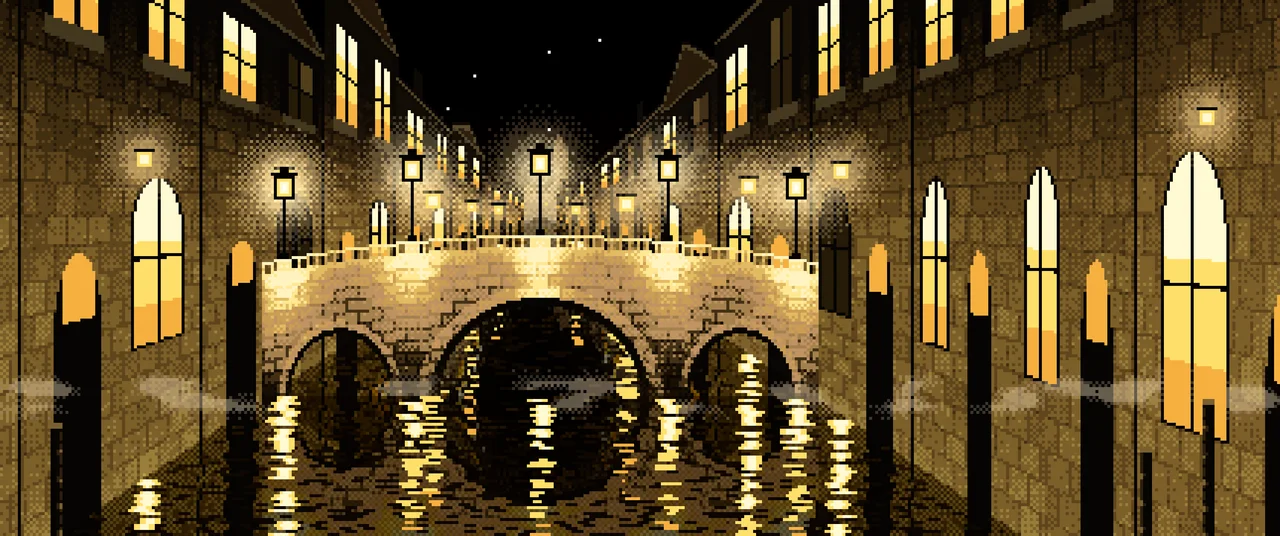 Yellow Pixel Art Street Lamps on a Canal Bridge at Night ultrawide wallpaper, 3440 × 1440
